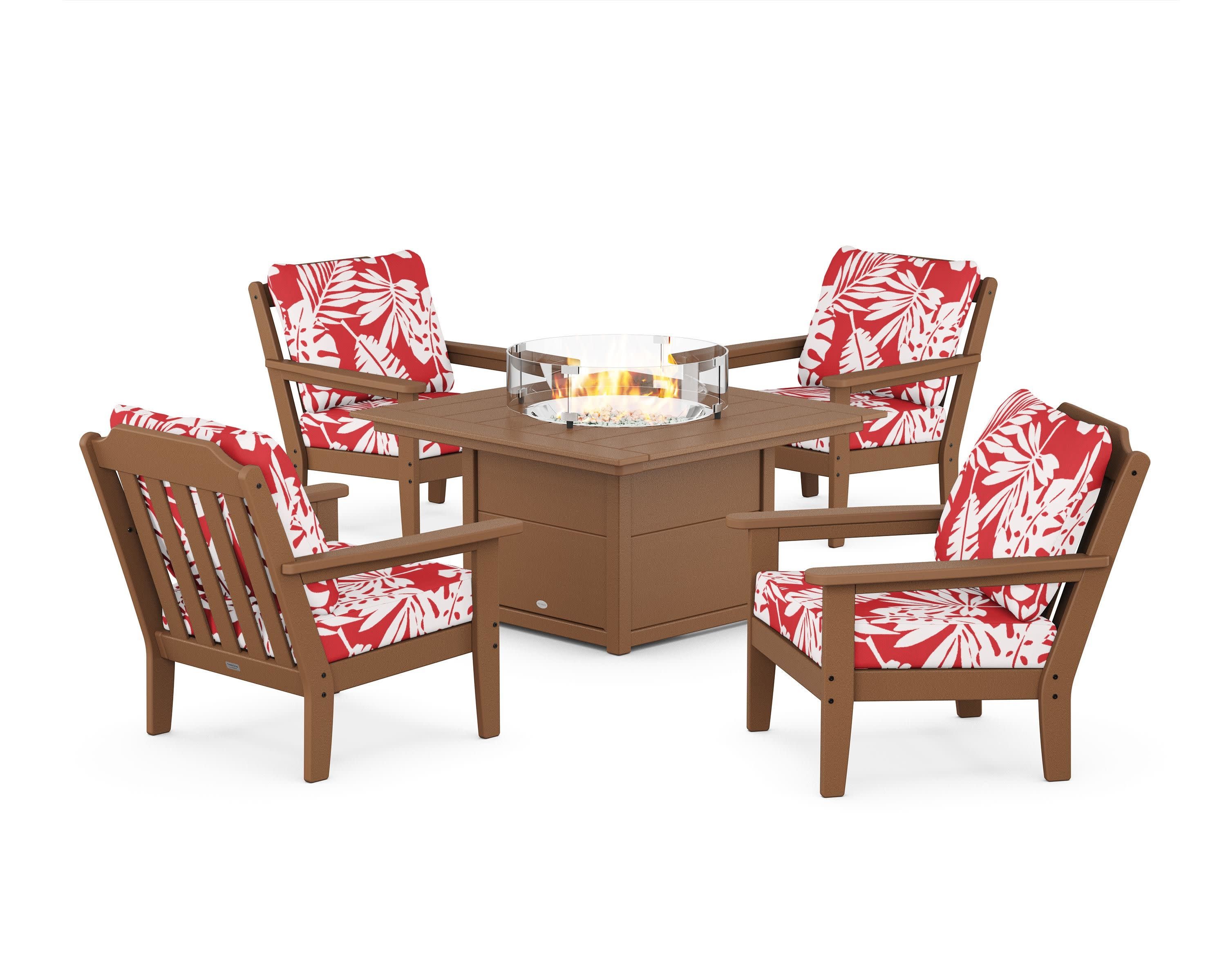 Cottage 5-Piece Deep Seating Set with Fire Pit Table in Teak / Leaf Crimson
