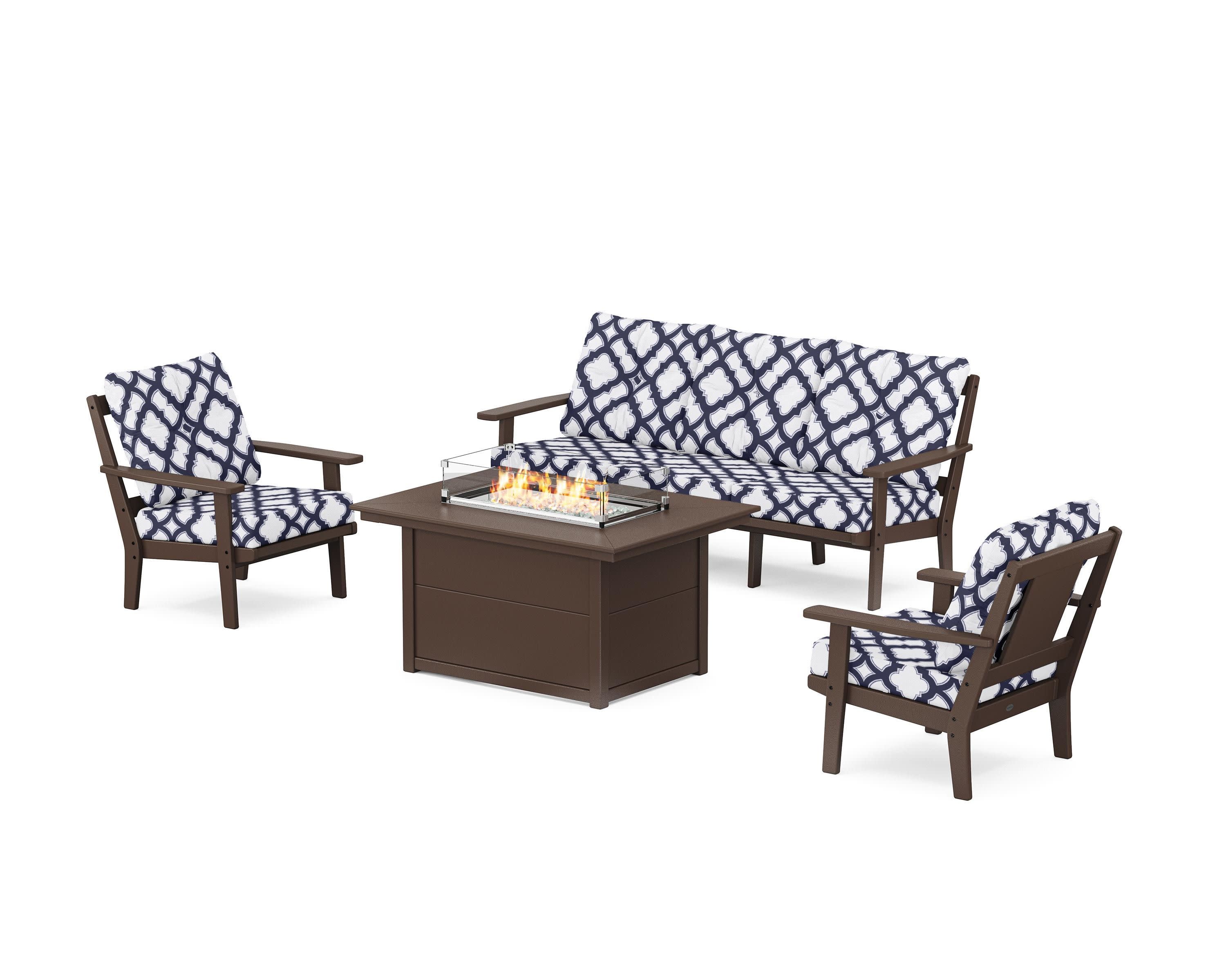 Prairie Deep Seating Fire Pit Table Set in Mahogany / Trellis Navy