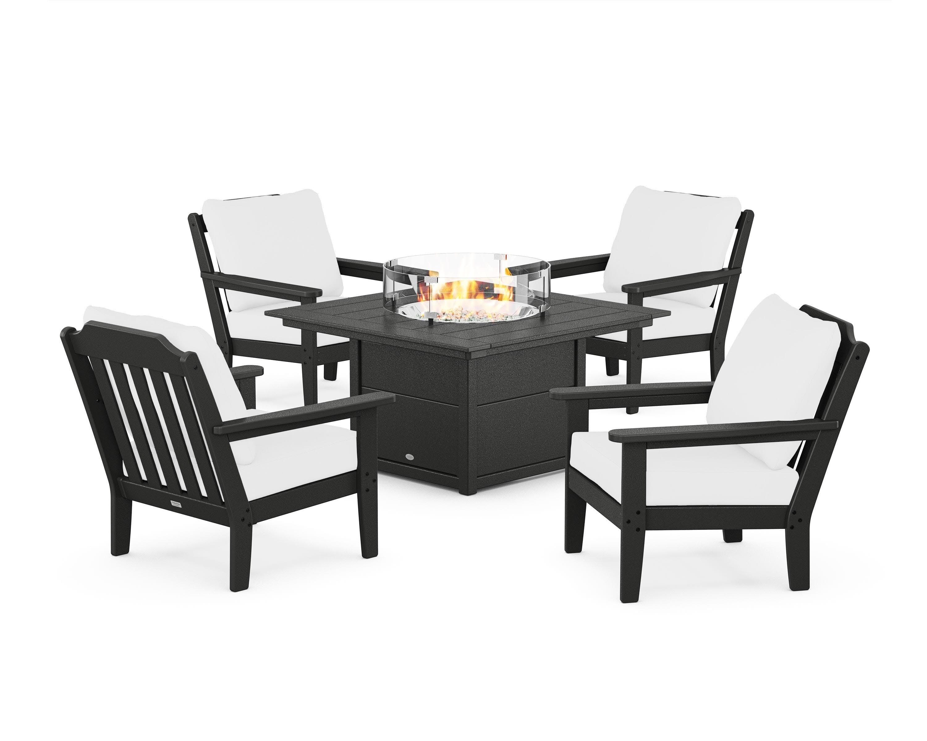 Cottage 5-Piece Deep Seating Set with Fire Pit Table in Black / Natural
