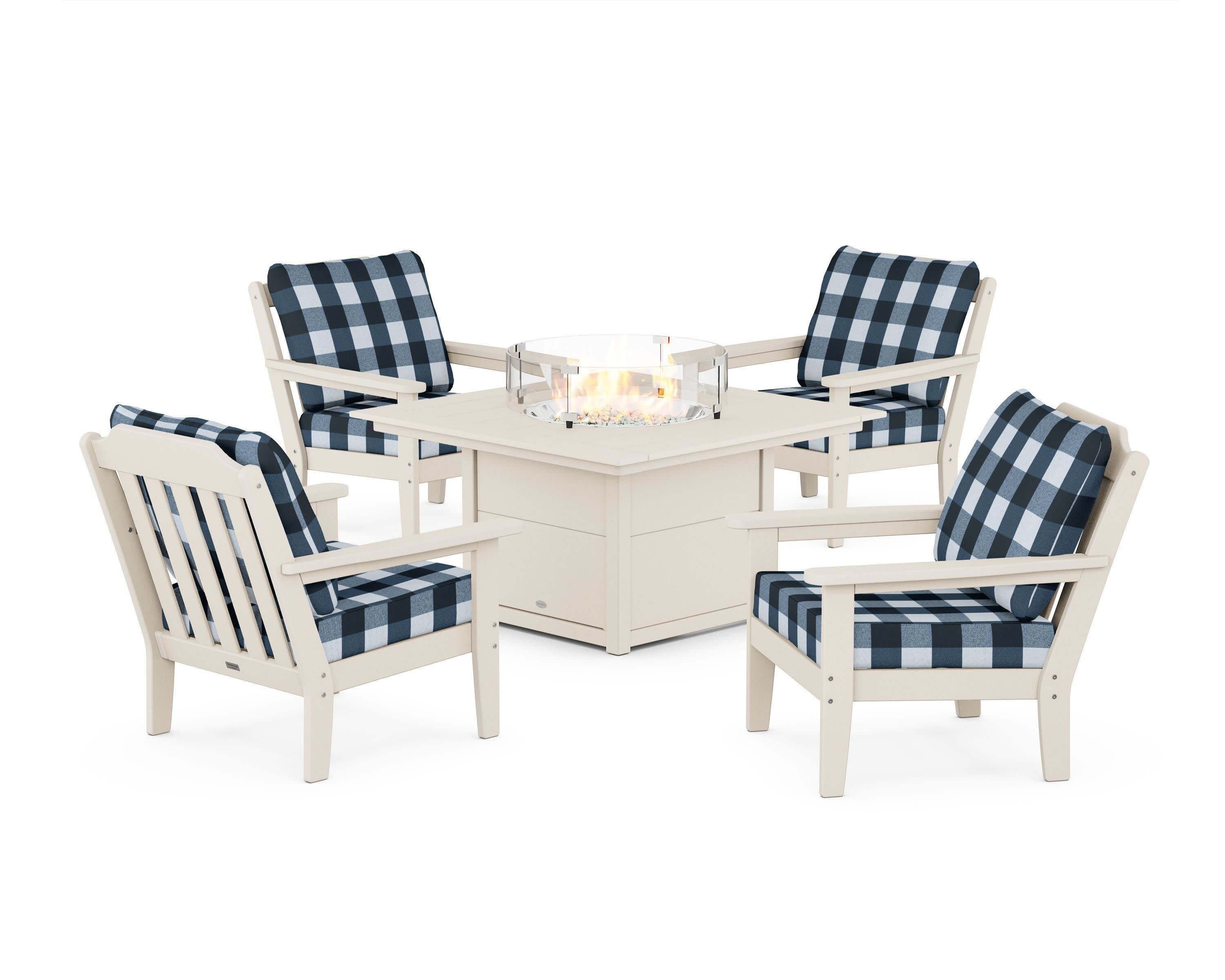 Cottage 5-Piece Deep Seating Set with Fire Pit Table in Sand / Buffalo Plaid Marine Indigo