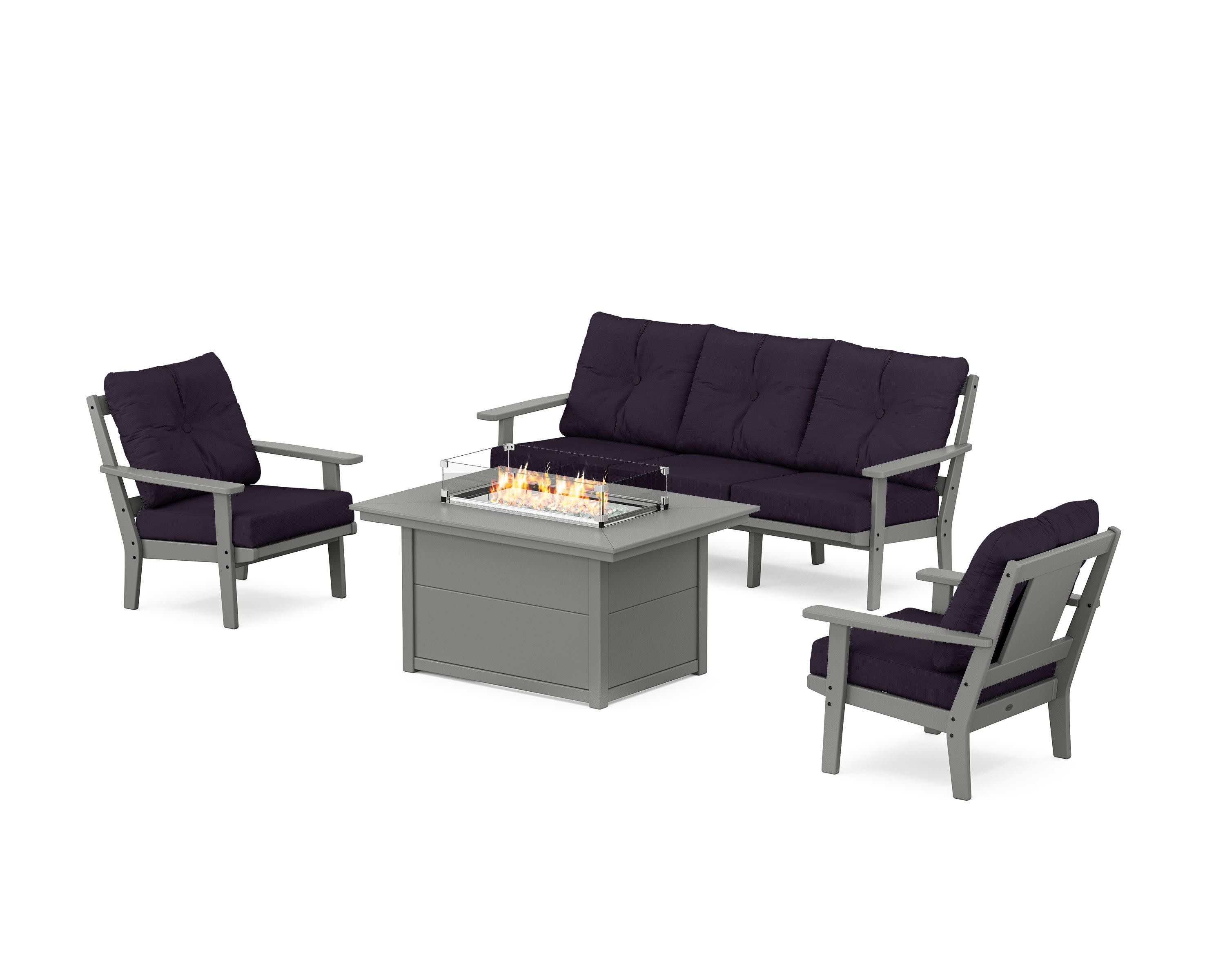 Prairie Deep Seating Fire Pit Table Set in Slate Grey / Navy Linen