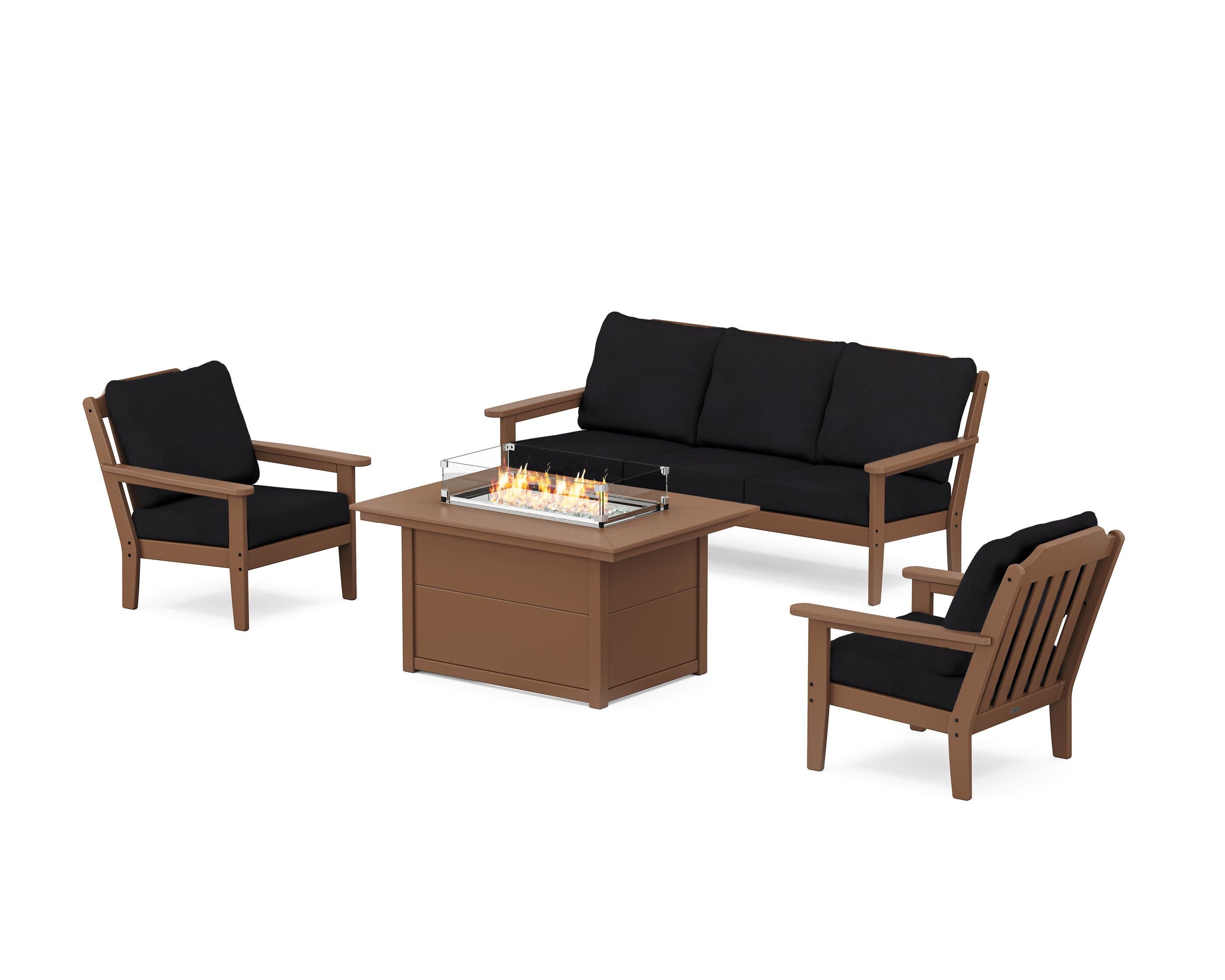 Cottage Deep Seating Fire Pit Table Set in Teak / Midnight Linen
