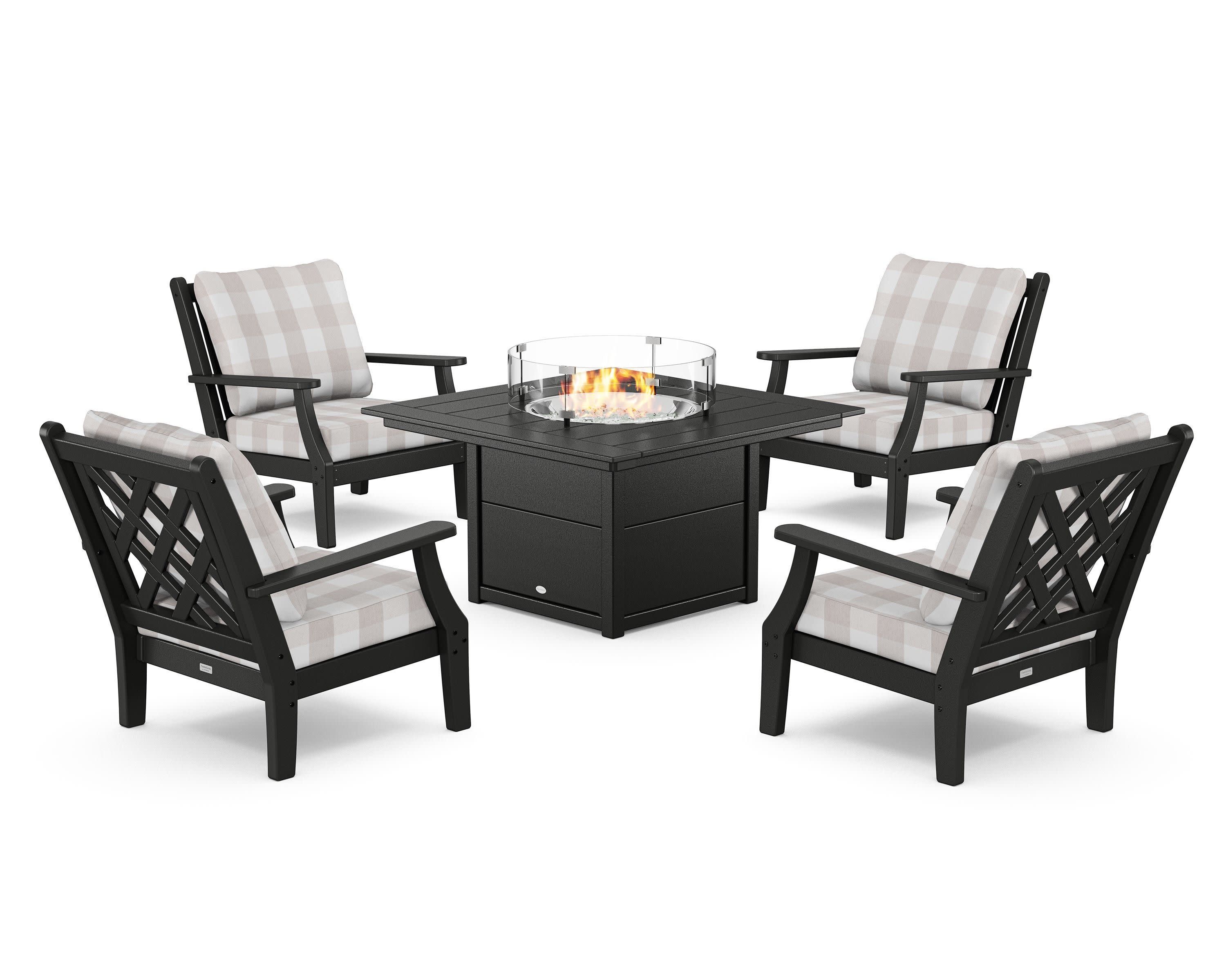 Wovendale 5-Piece Deep Seating Set with Fire Pit Table in Black / Buffalo Plaid Dune Burlap