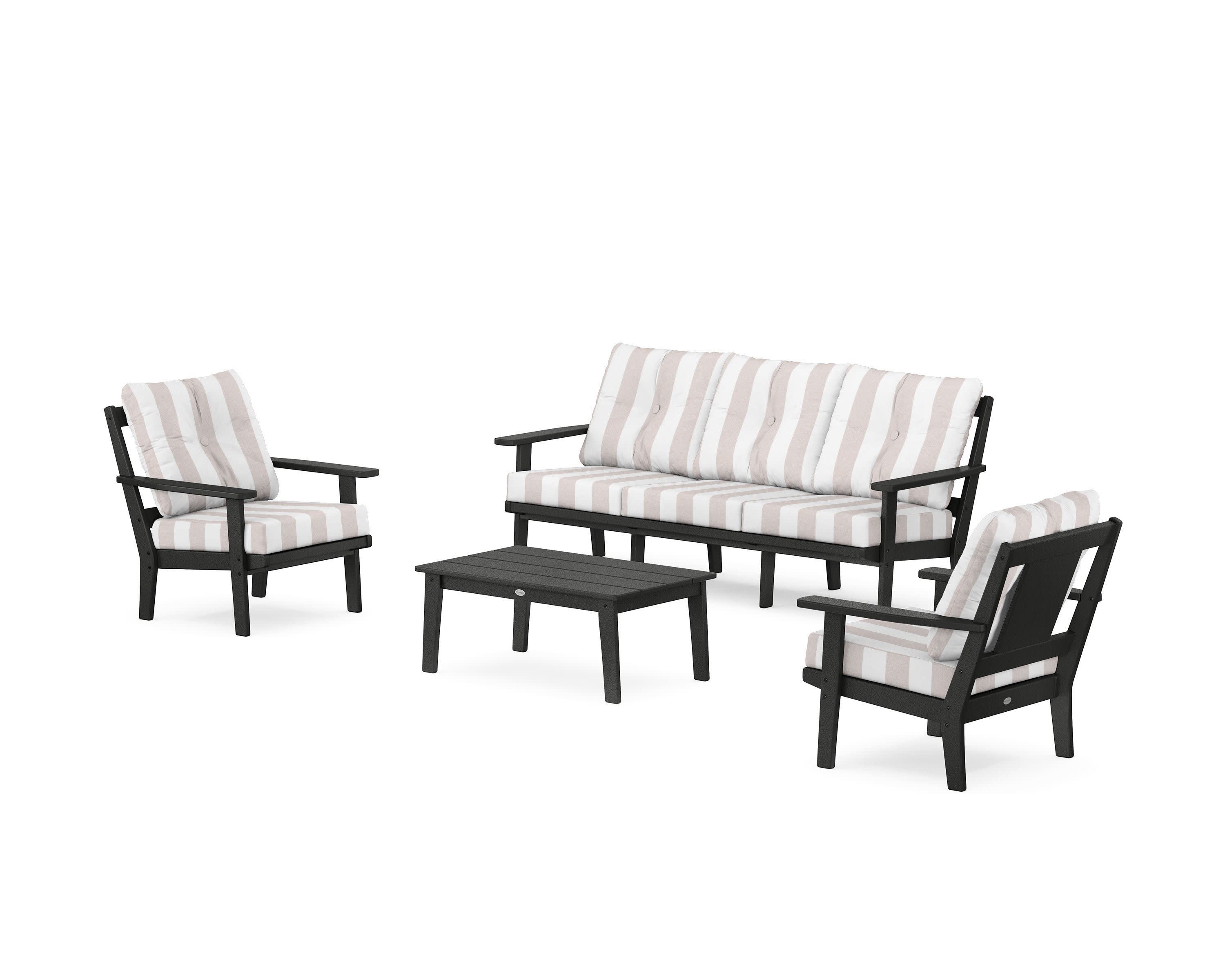 Prairie 4-Piece Deep Seating Set with Sofa in Black / Cabana Stripe Dune Burlap