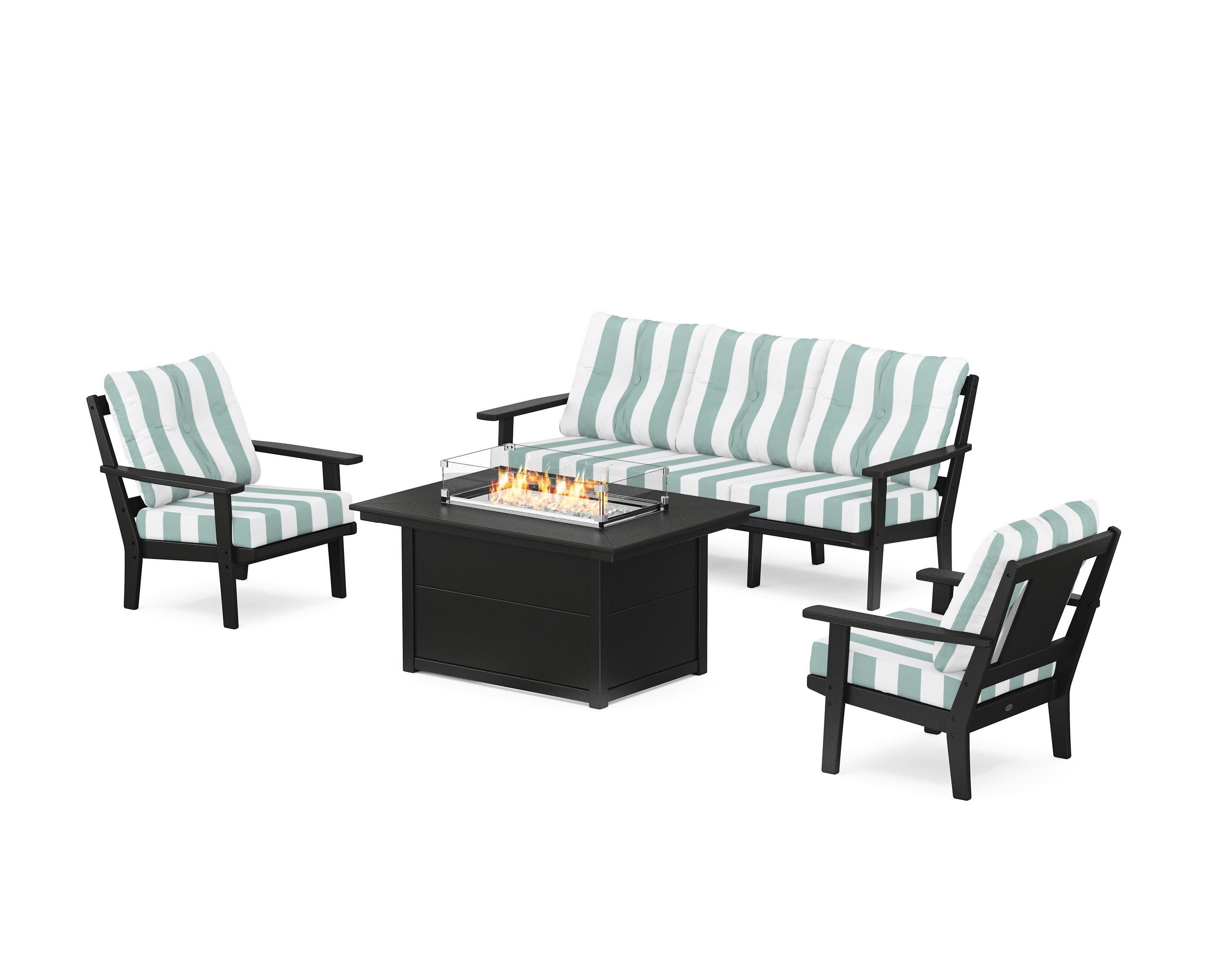 Prairie Deep Seating Fire Pit Table Set in Black / Cabana Stripe Glacier Spa