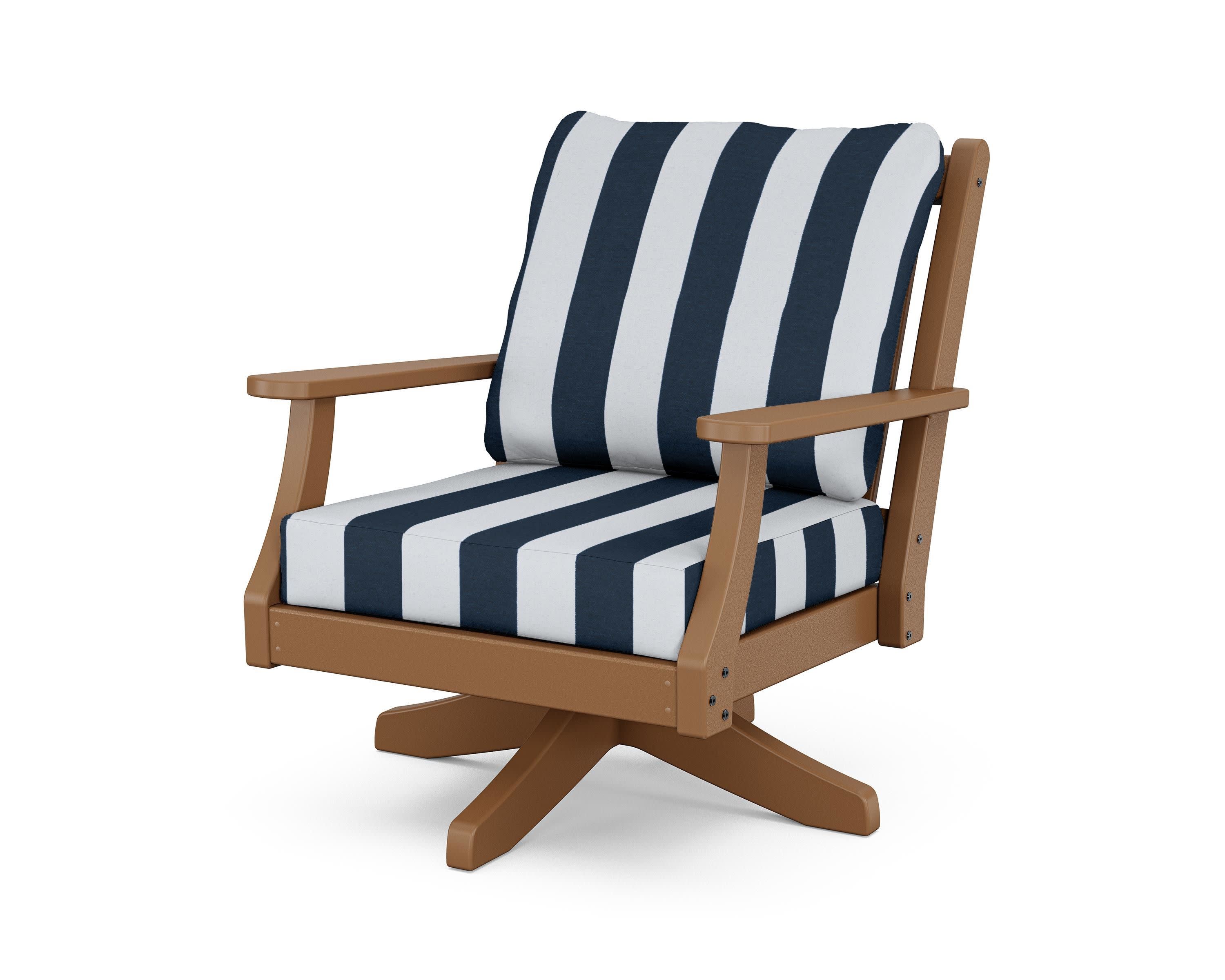 Wovendale Deep Seating Swivel Chair in Teak / Cabana Stripe Marine Indigo
