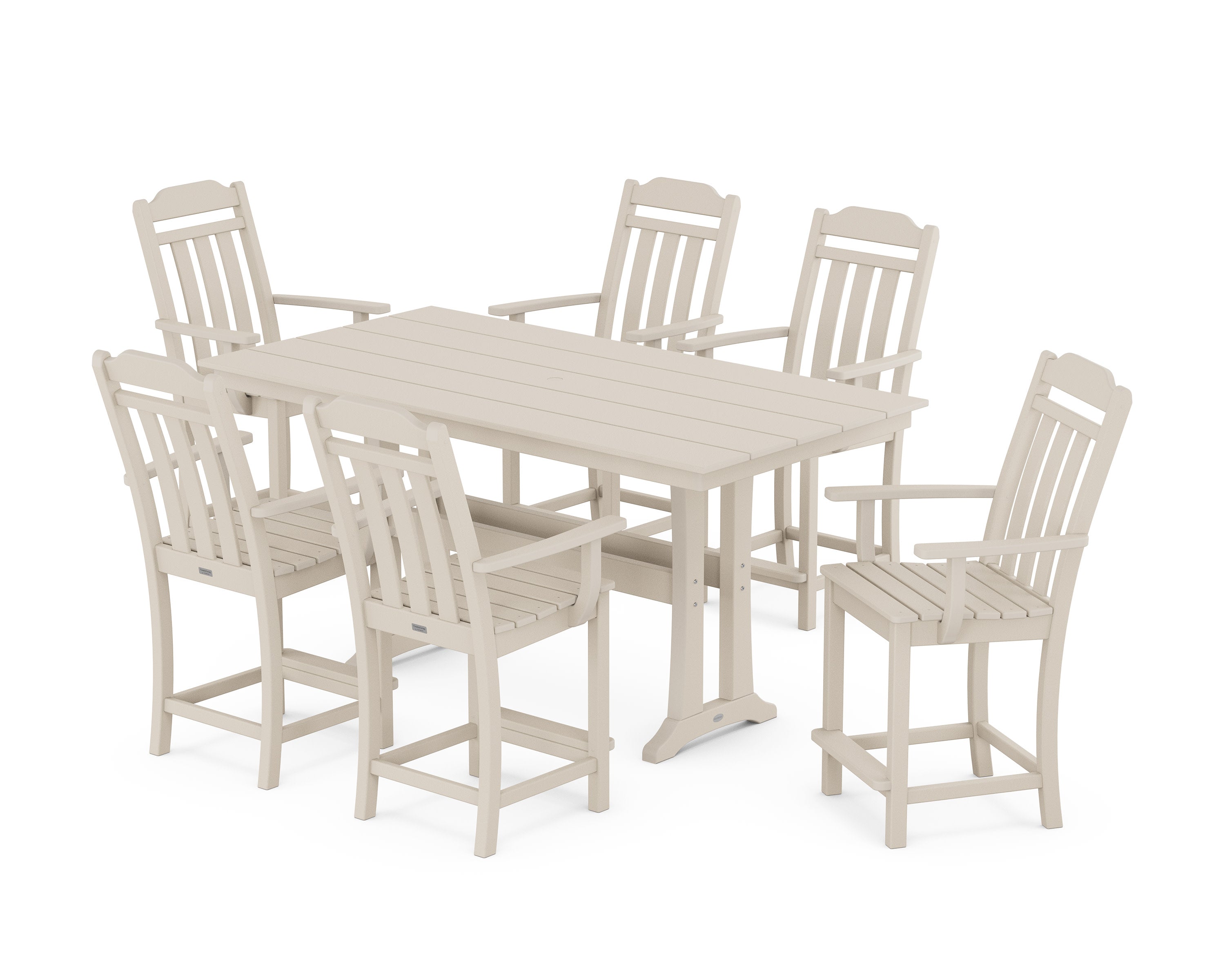 Cottage Arm Chair 7-Piece Farmhouse Counter Set with Trestle Legs in Sand