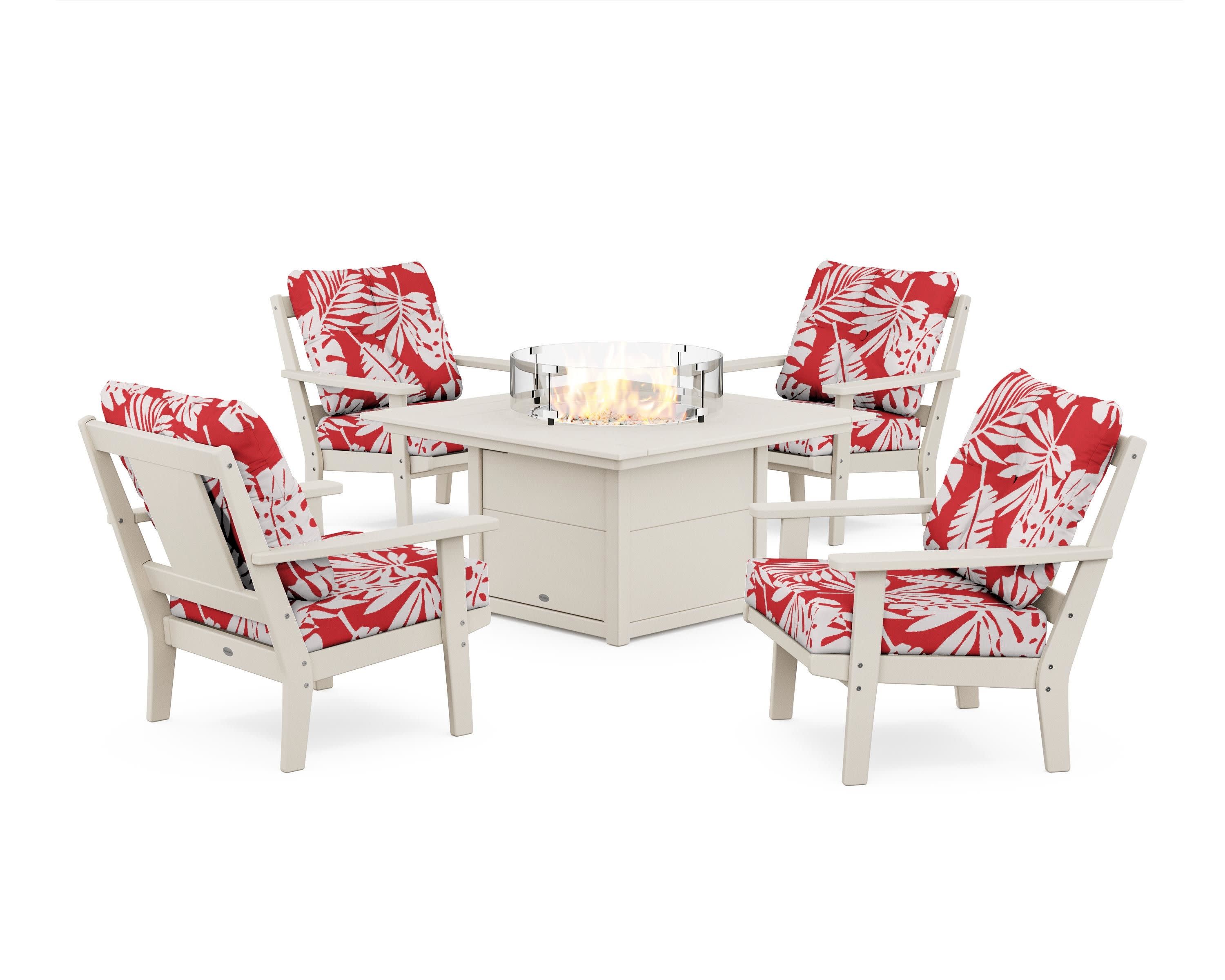 Prairie 5-Piece Deep Seating Set with Fire Pit Table in Sand / Leaf Crimson
