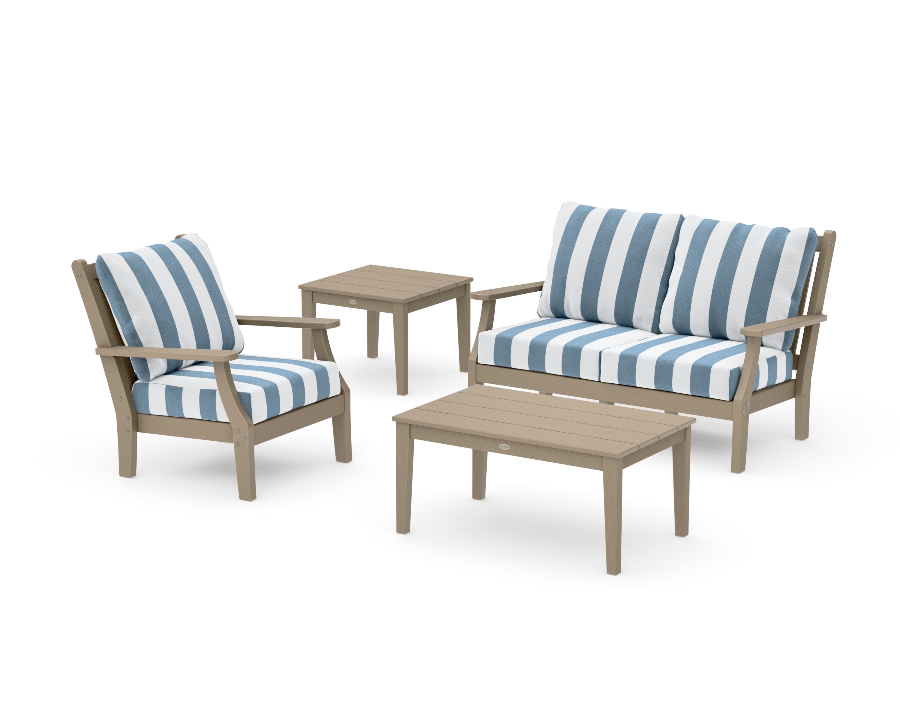 Wovendale 4-Piece Deep Seating Set in Vintage Sahara / Cabana Stripe Sky Blue