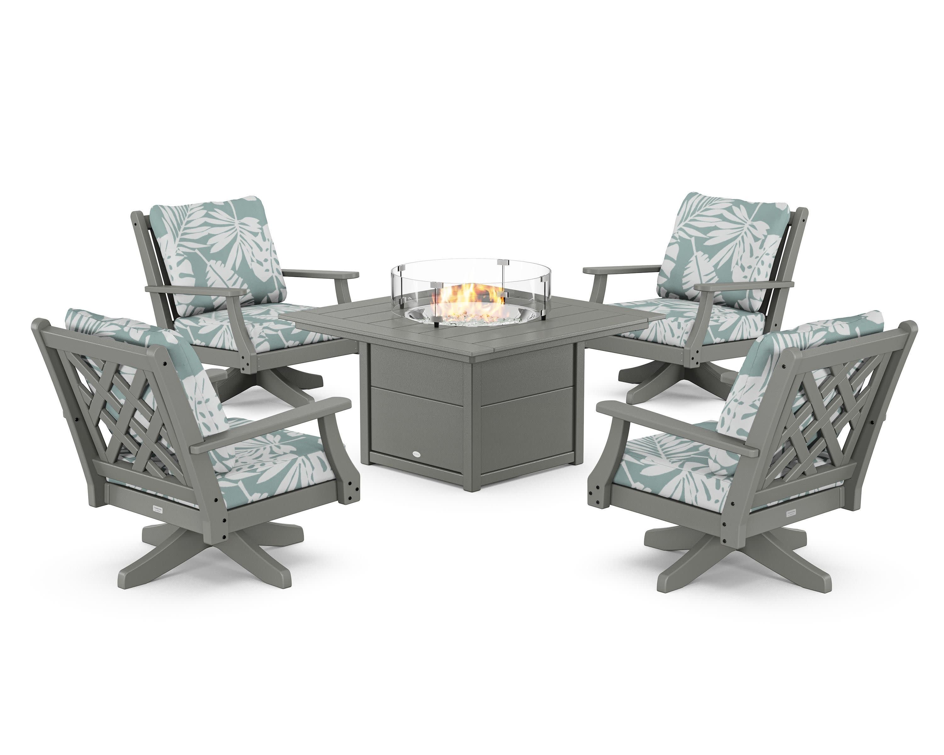 Wovendale 5-Piece Deep Seating Swivel Conversation Set with Fire Pit Table in Slate Grey / Leaf Glacier Spa
