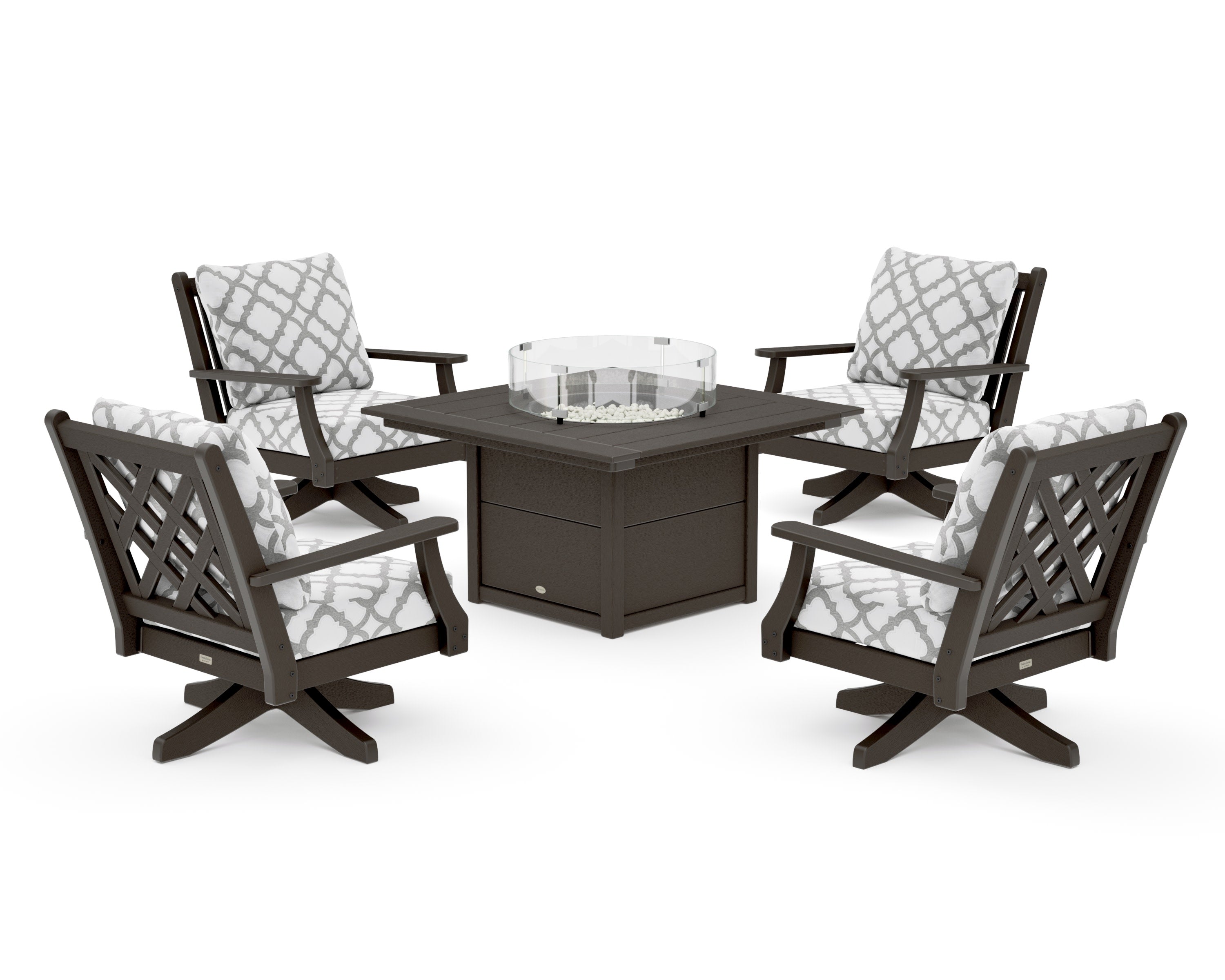 Wovendale 5-Piece Deep Seating Swivel Conversation Set with Fire Pit Table in Vintage Coffee / Trellis Grey Mist