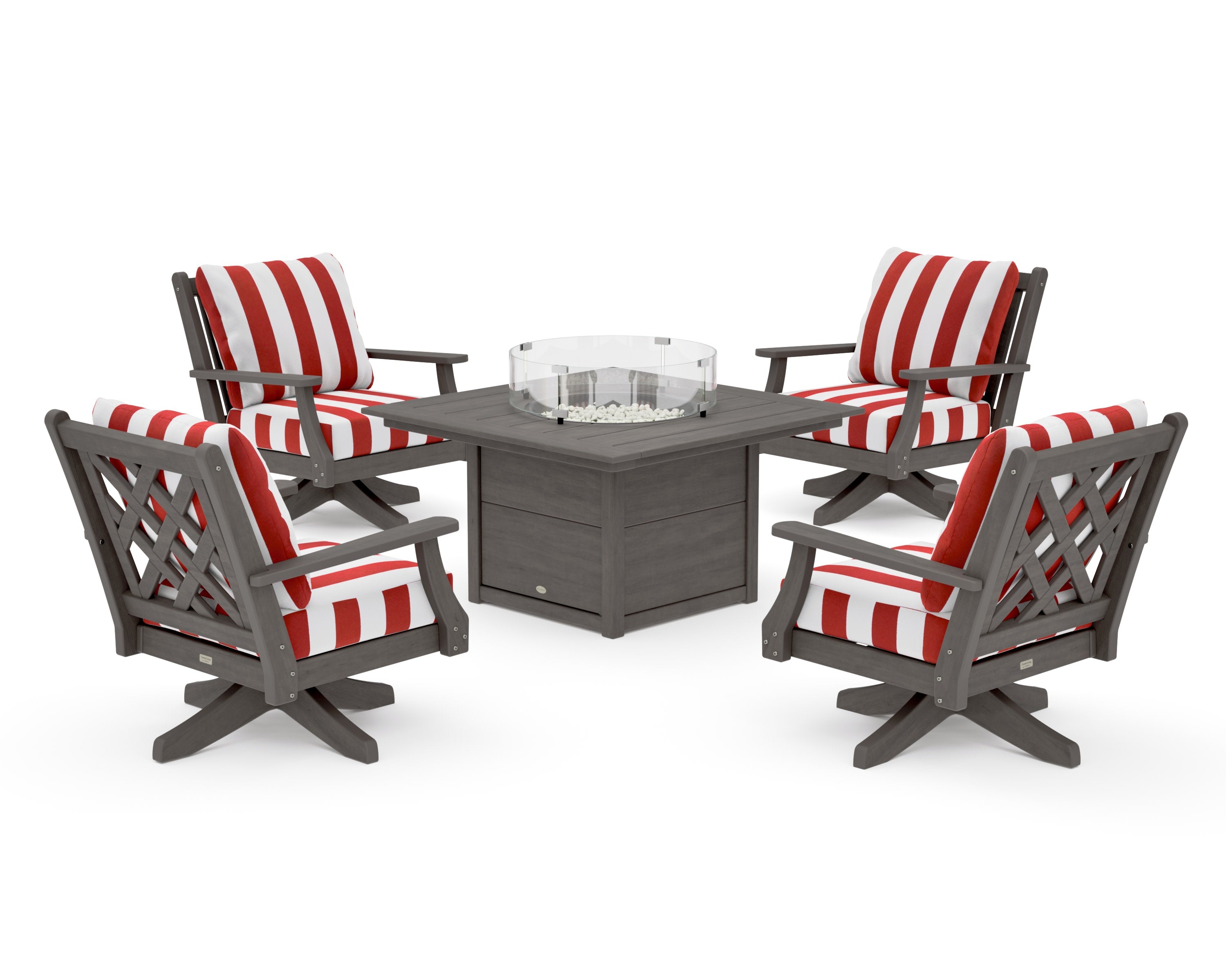 Wovendale 5-Piece Deep Seating Swivel Conversation Set with Fire Pit Table in Driftwood / Cabana Stripe Crimson
