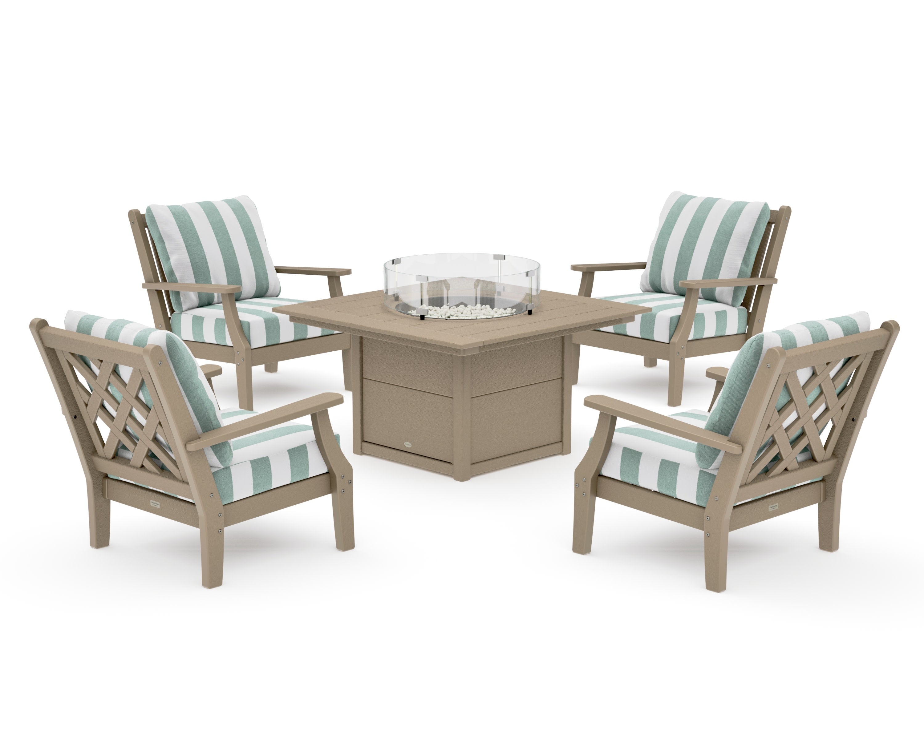 Wovendale 5-Piece Deep Seating Set with Fire Pit Table in Vintage Sahara / Cabana Stripe Glacier Spa