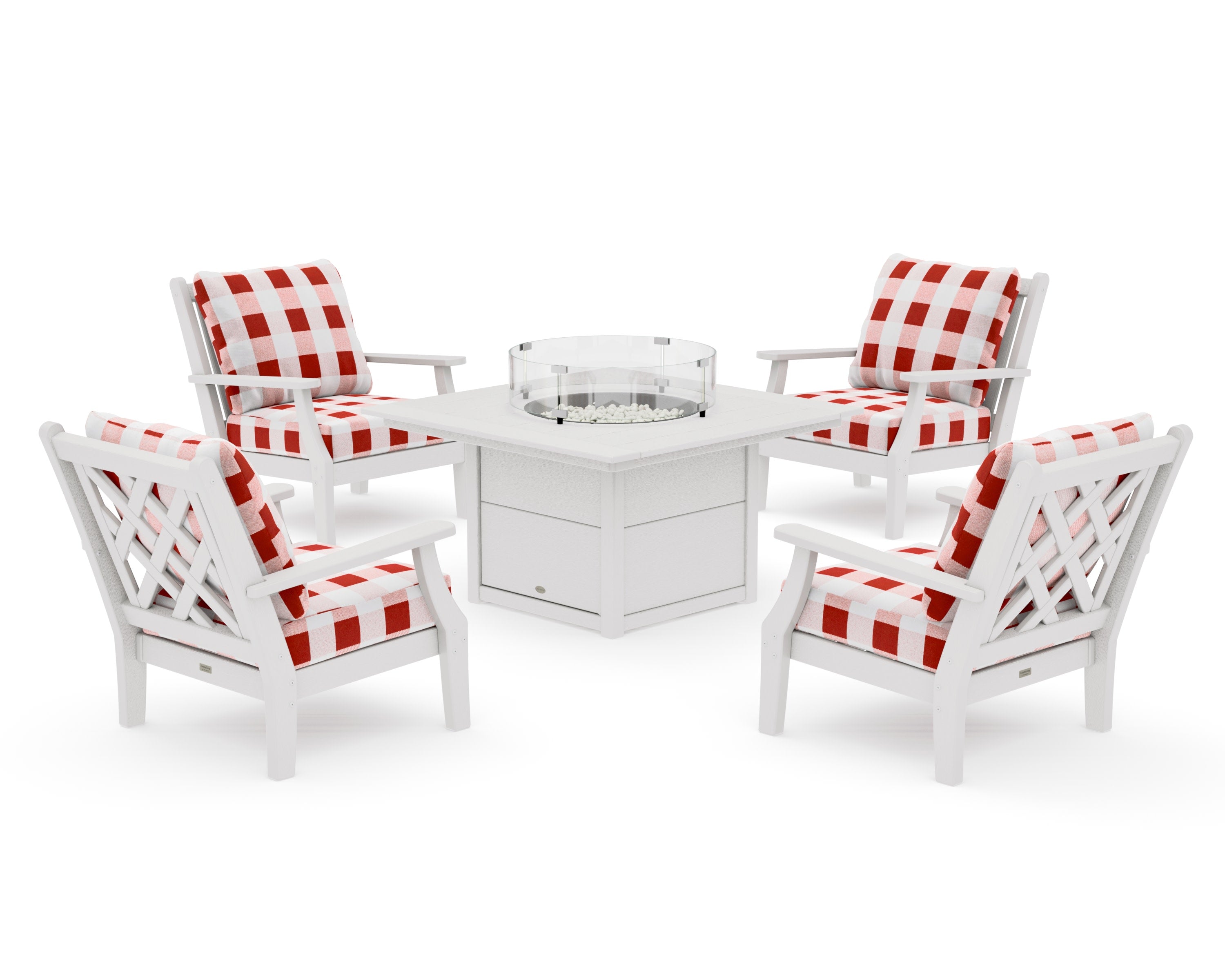 Wovendale 5-Piece Deep Seating Set with Fire Pit Table in Vintage White / Buffalo Plaid Crimson
