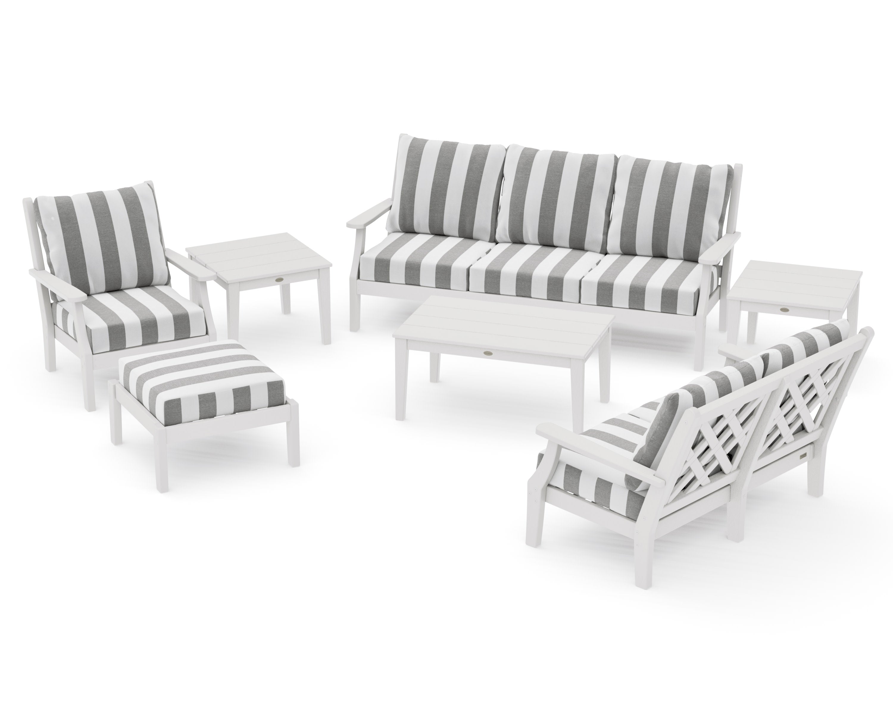 Wovendale 7-Piece Deep Seating Set in Vintage White / Cabana Stripe Grey Mist