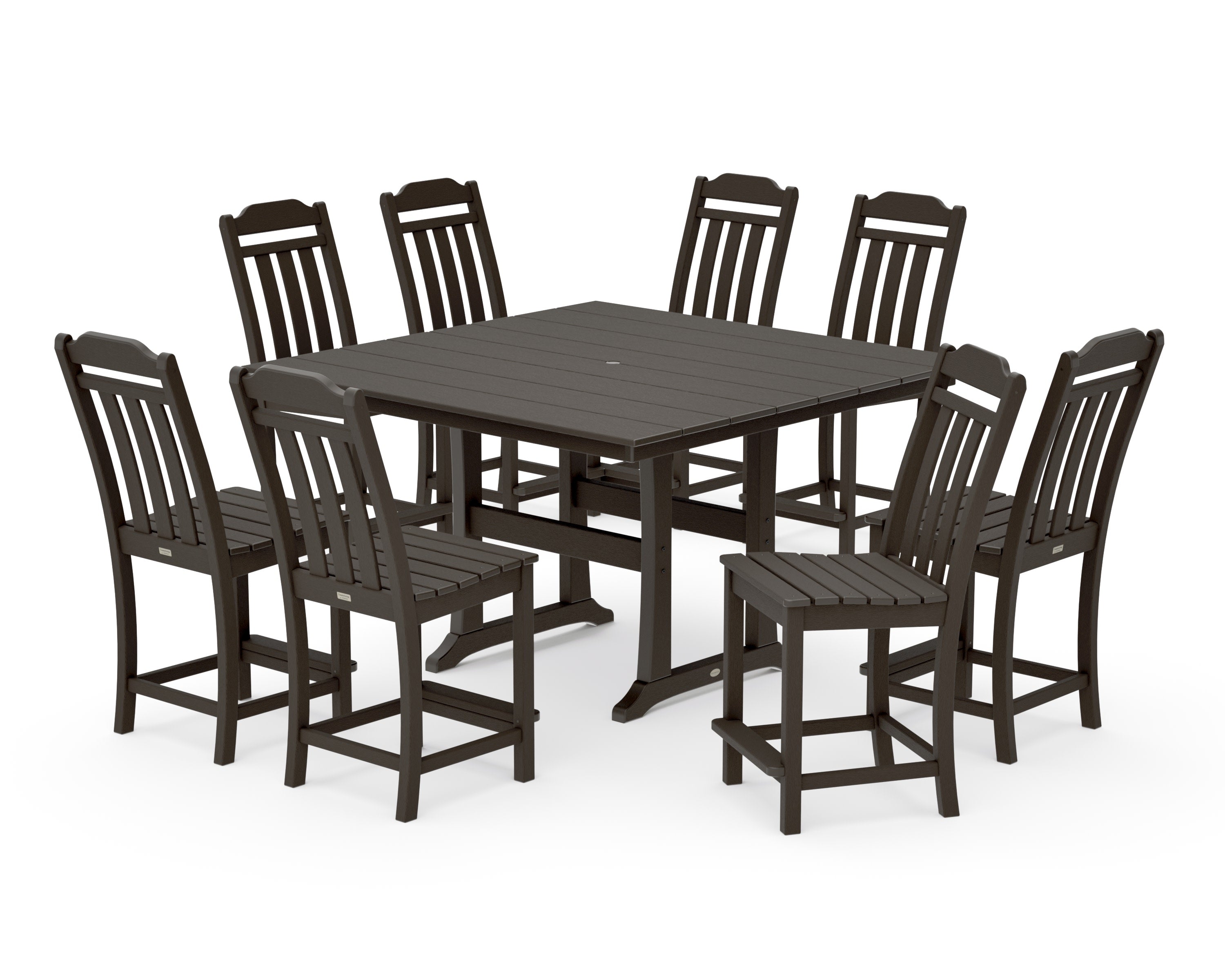Cottage 9-Piece Square Farmhouse Side Chair Counter Set with Trestle Legs in Vintage Coffee
