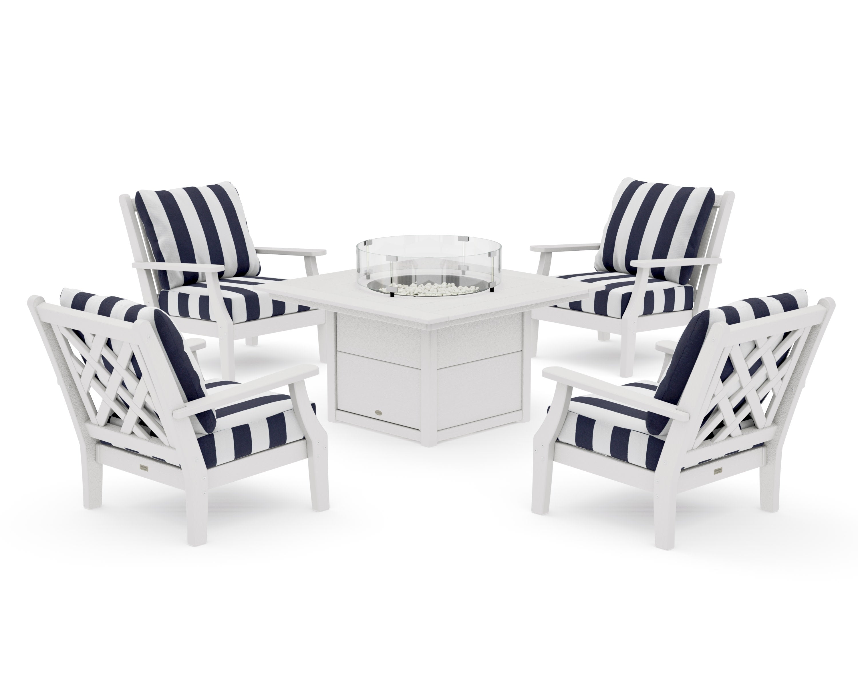 Wovendale 5-Piece Deep Seating Set with Fire Pit Table in Vintage White / Cabana Stripe Navy