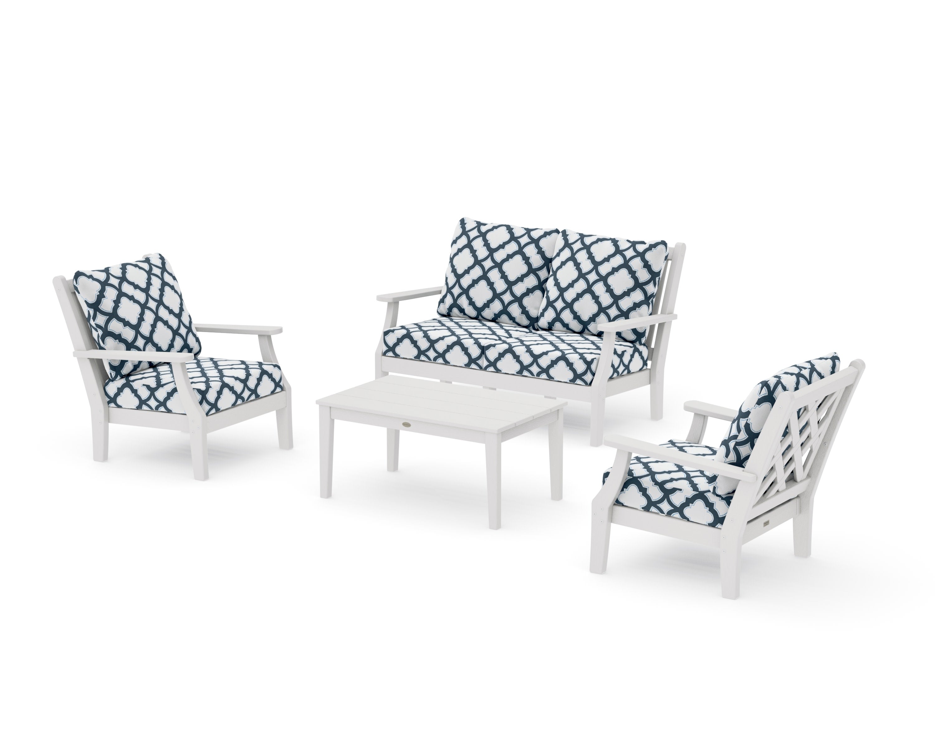 Wovendale 4-Piece Deep Seating Set with Loveseat in Vintage White / Trellis Marine Indigo