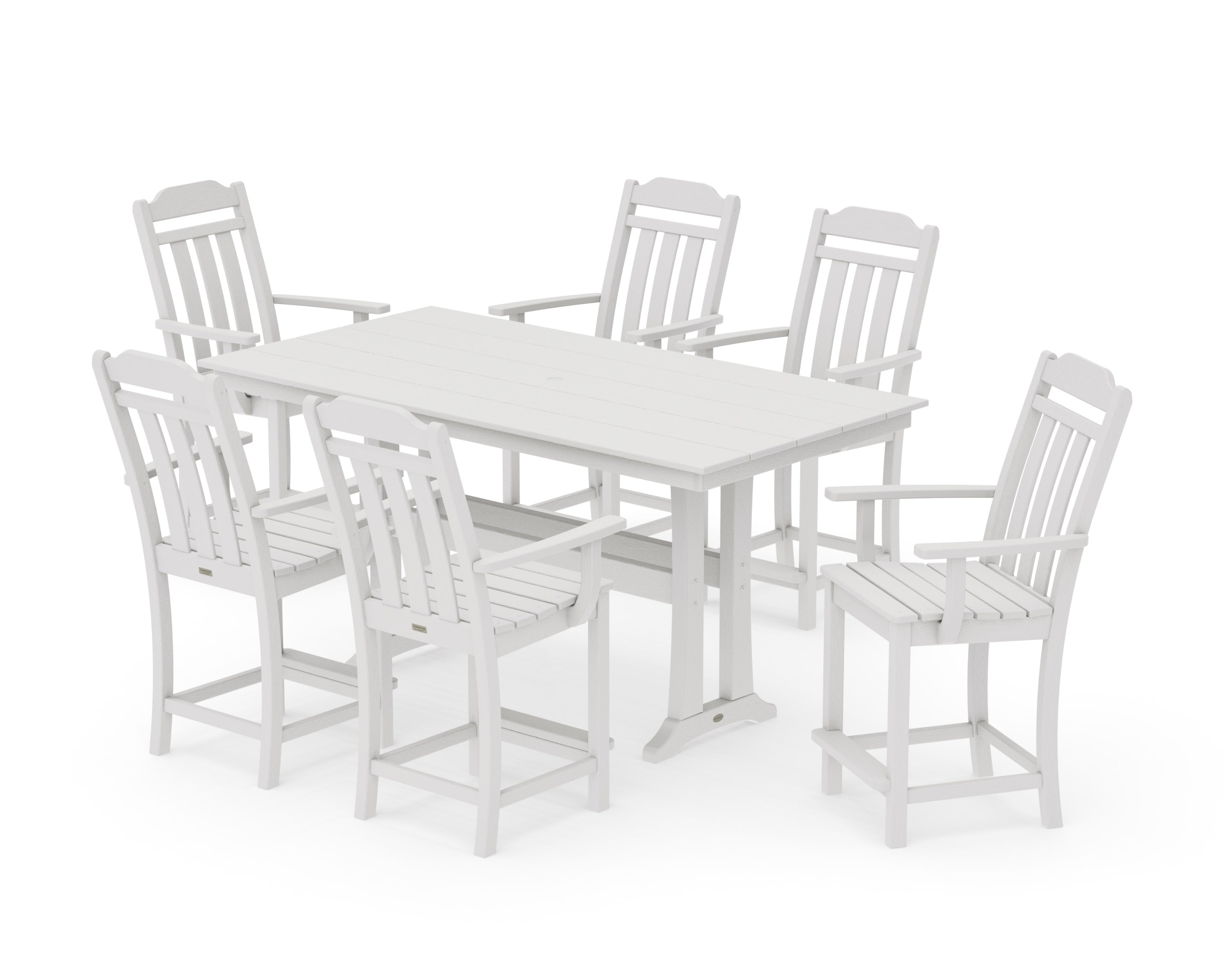 Cottage Arm Chair 7-Piece Farmhouse Counter Set with Trestle Legs in Vintage White
