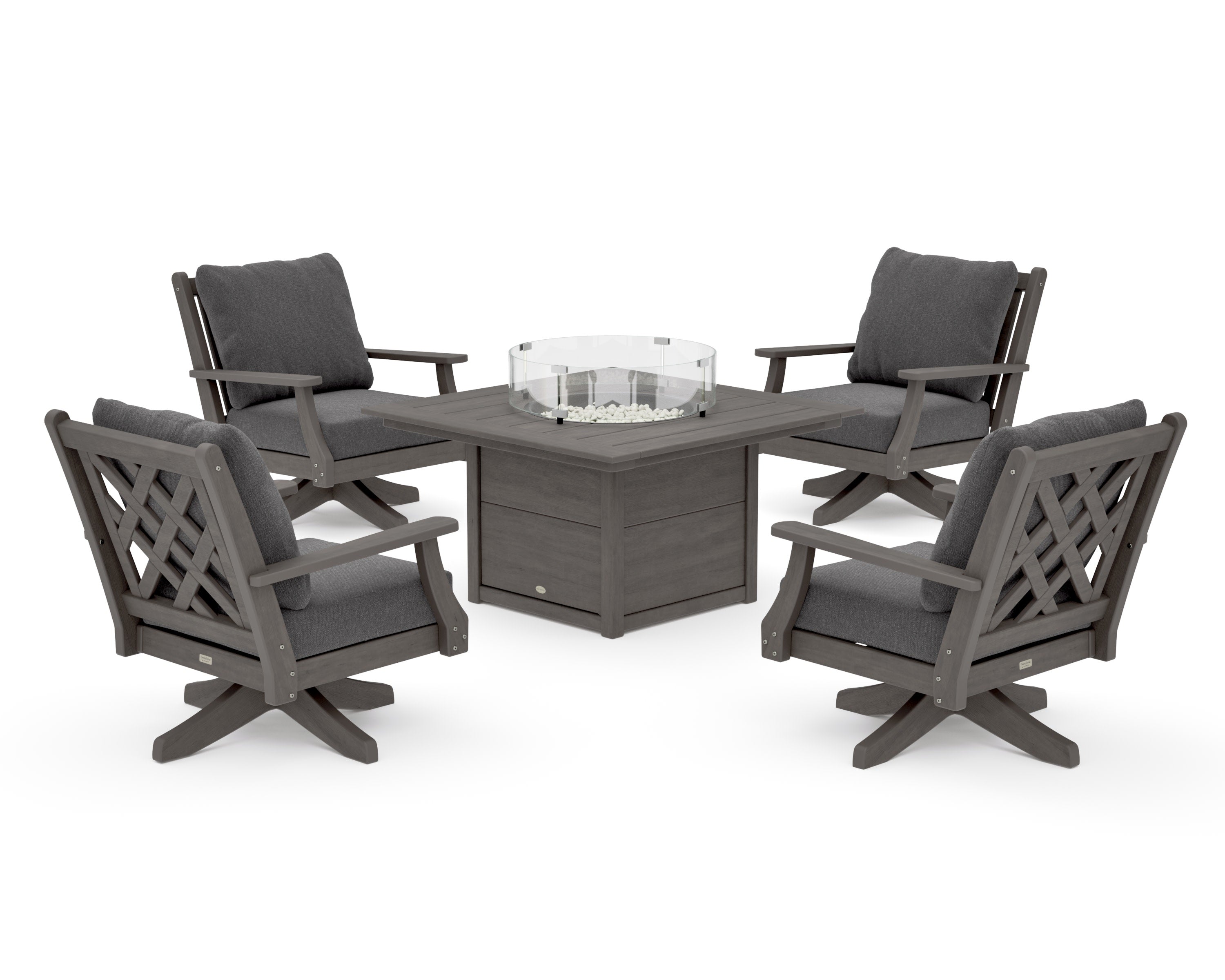 Wovendale 5-Piece Deep Seating Swivel Conversation Set with Fire Pit Table in Driftwood / Ash Charcoal