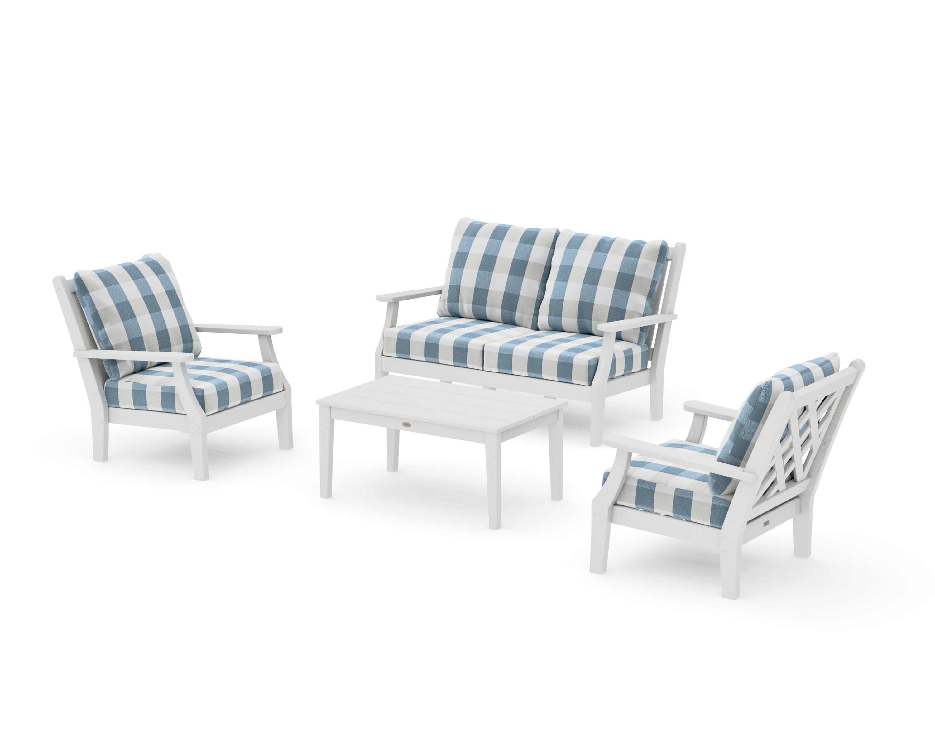 Wovendale 4-Piece Deep Seating Set with Loveseat in Vintage White / Buffalo Plaid Sky Blue