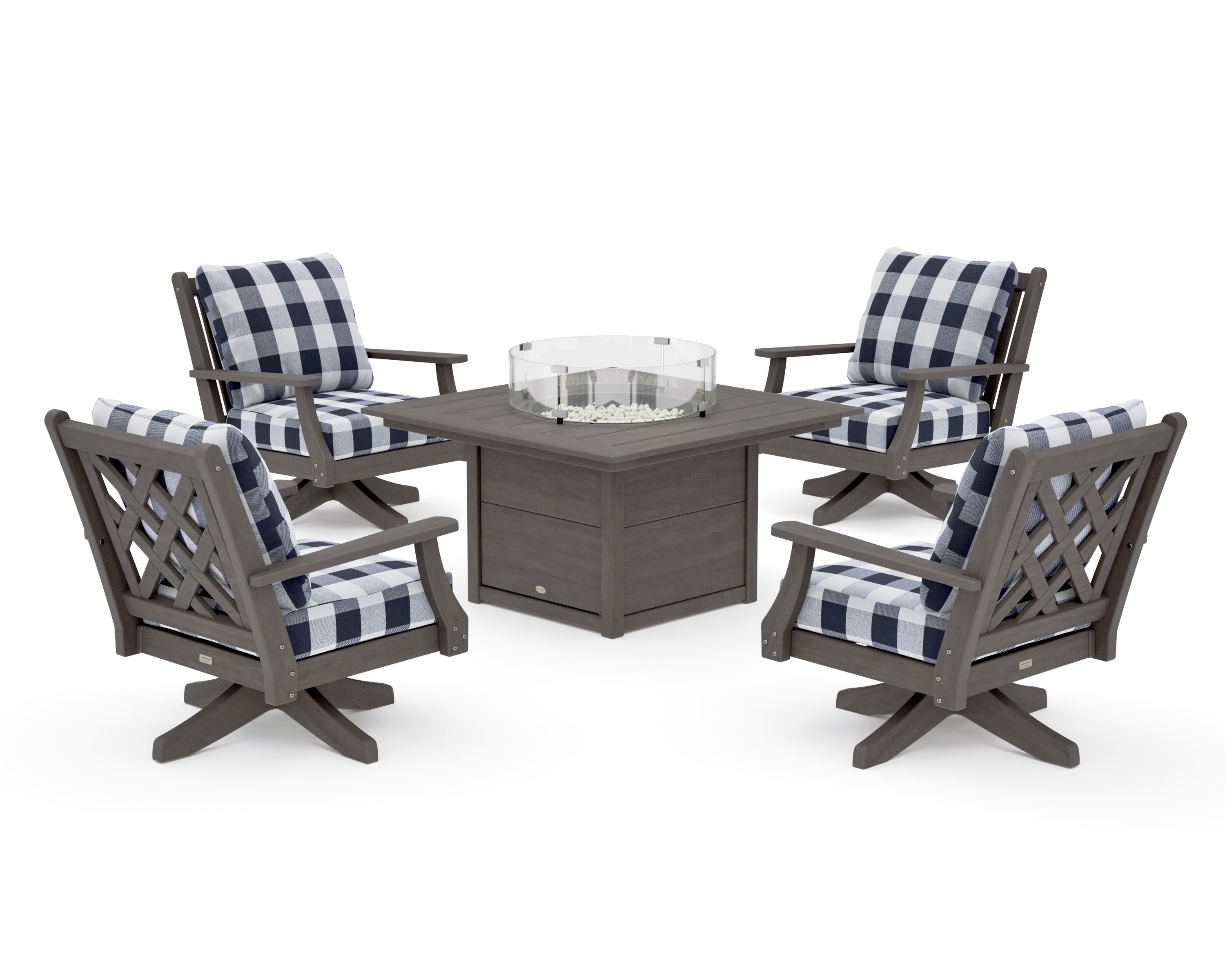 Wovendale 5-Piece Deep Seating Swivel Conversation Set with Fire Pit Table in Driftwood / Buffalo Plaid Navy
