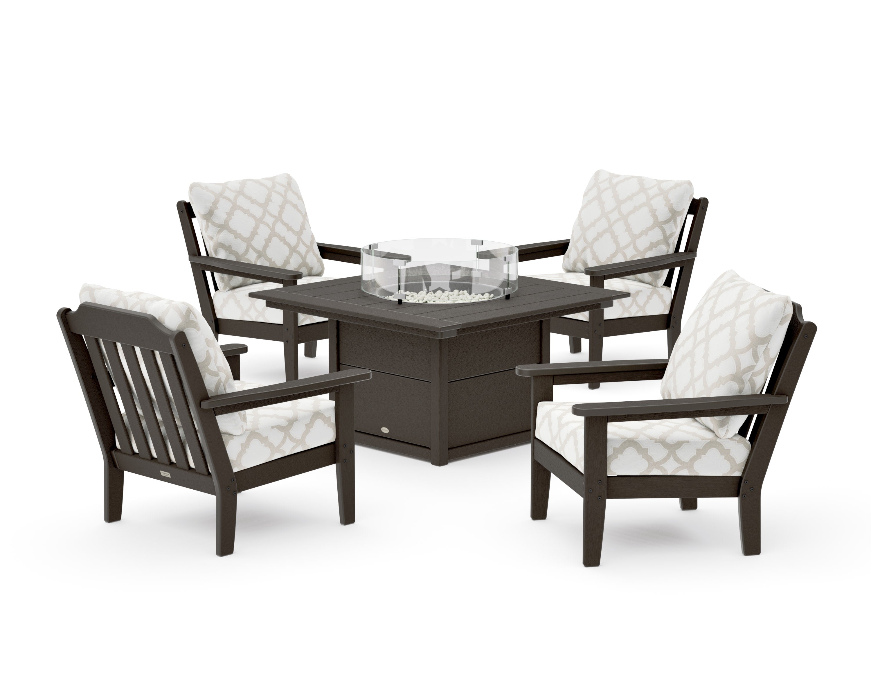 Cottage 5-Piece Deep Seating Set with Fire Pit Table in Vintage Coffee / Trellis Dune Burlap