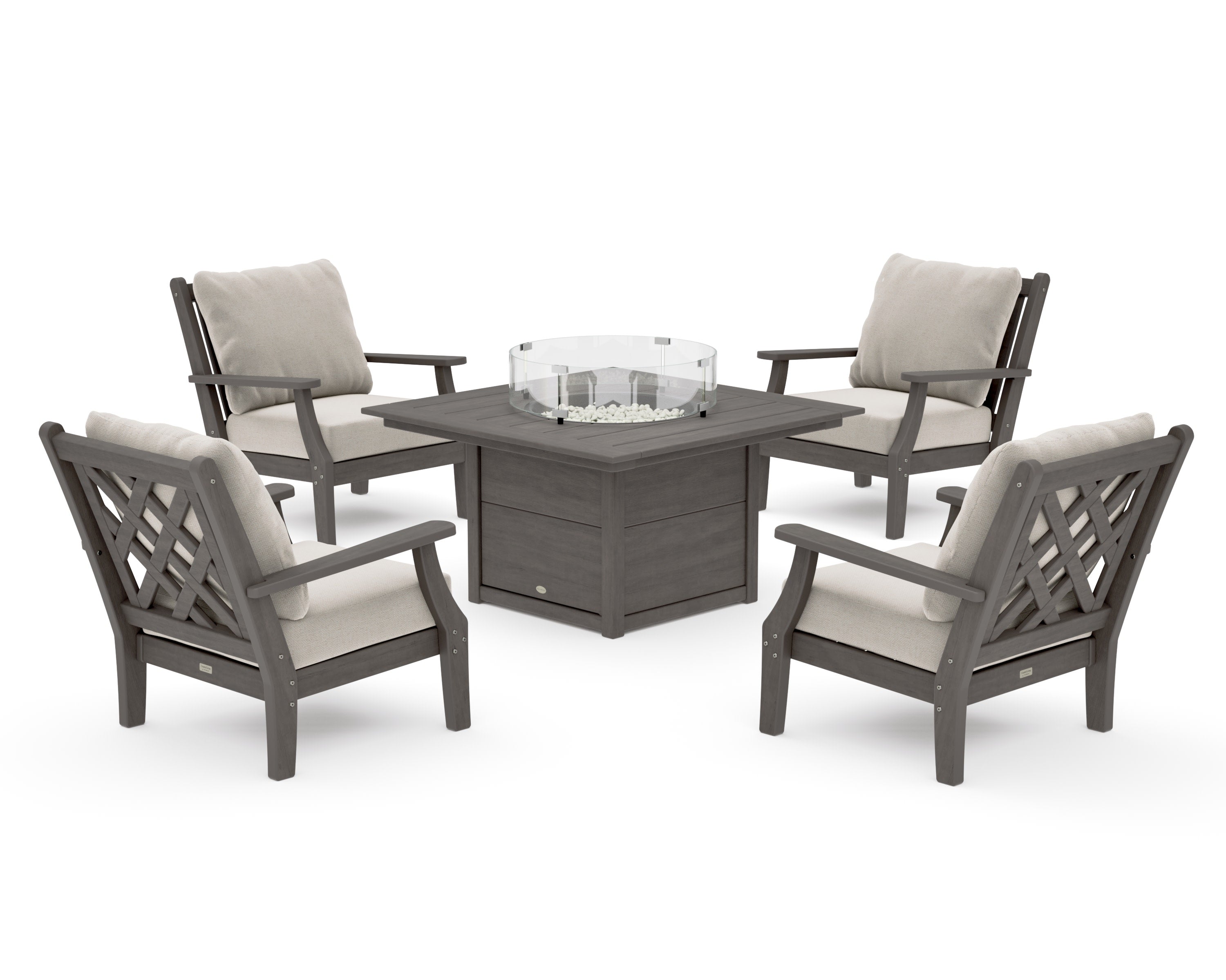 Wovendale 5-Piece Deep Seating Set with Fire Pit Table in Driftwood / Dune Burlap