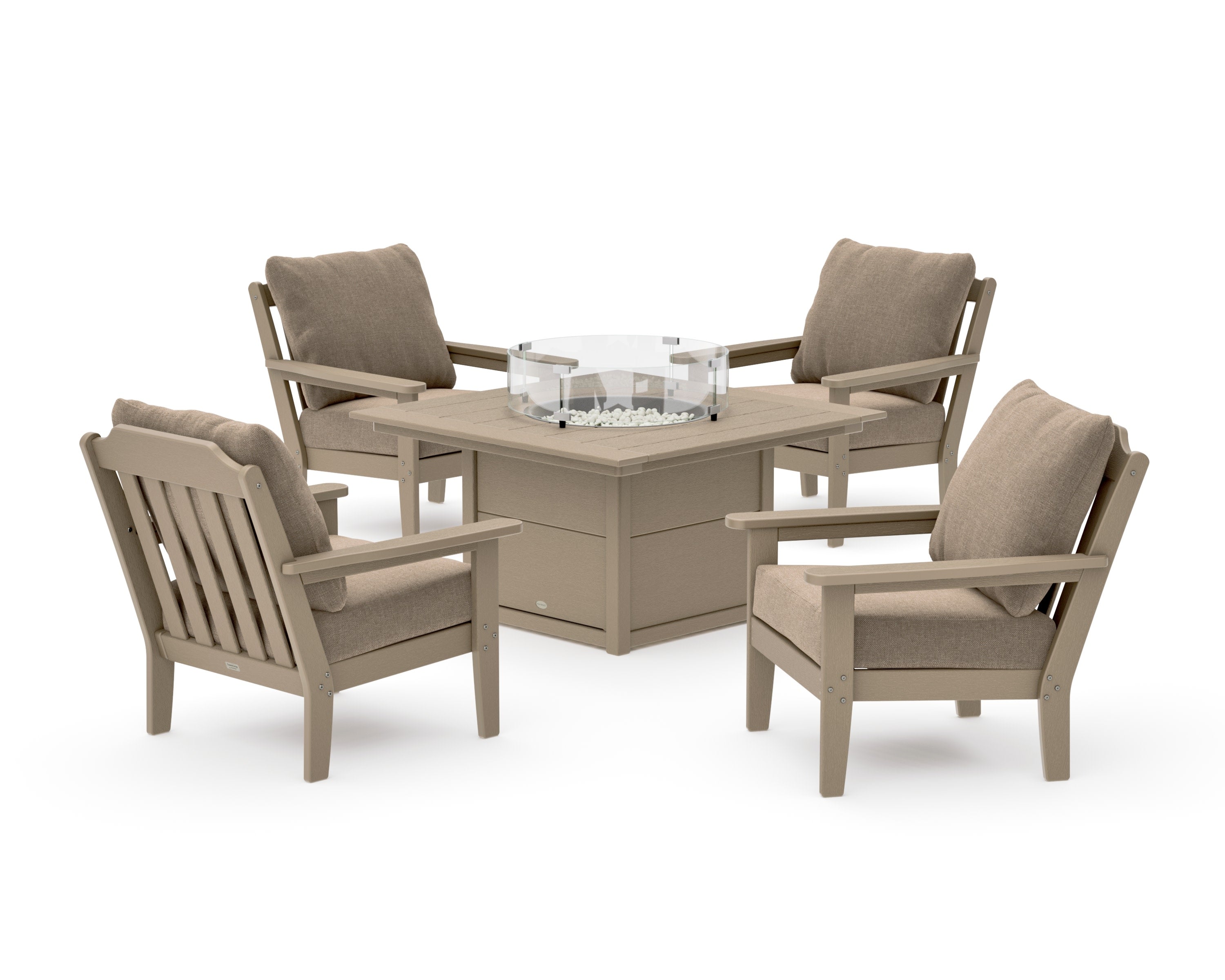 Cottage 5-Piece Deep Seating Set with Fire Pit Table in Vintage Sahara / Spiced Burlap