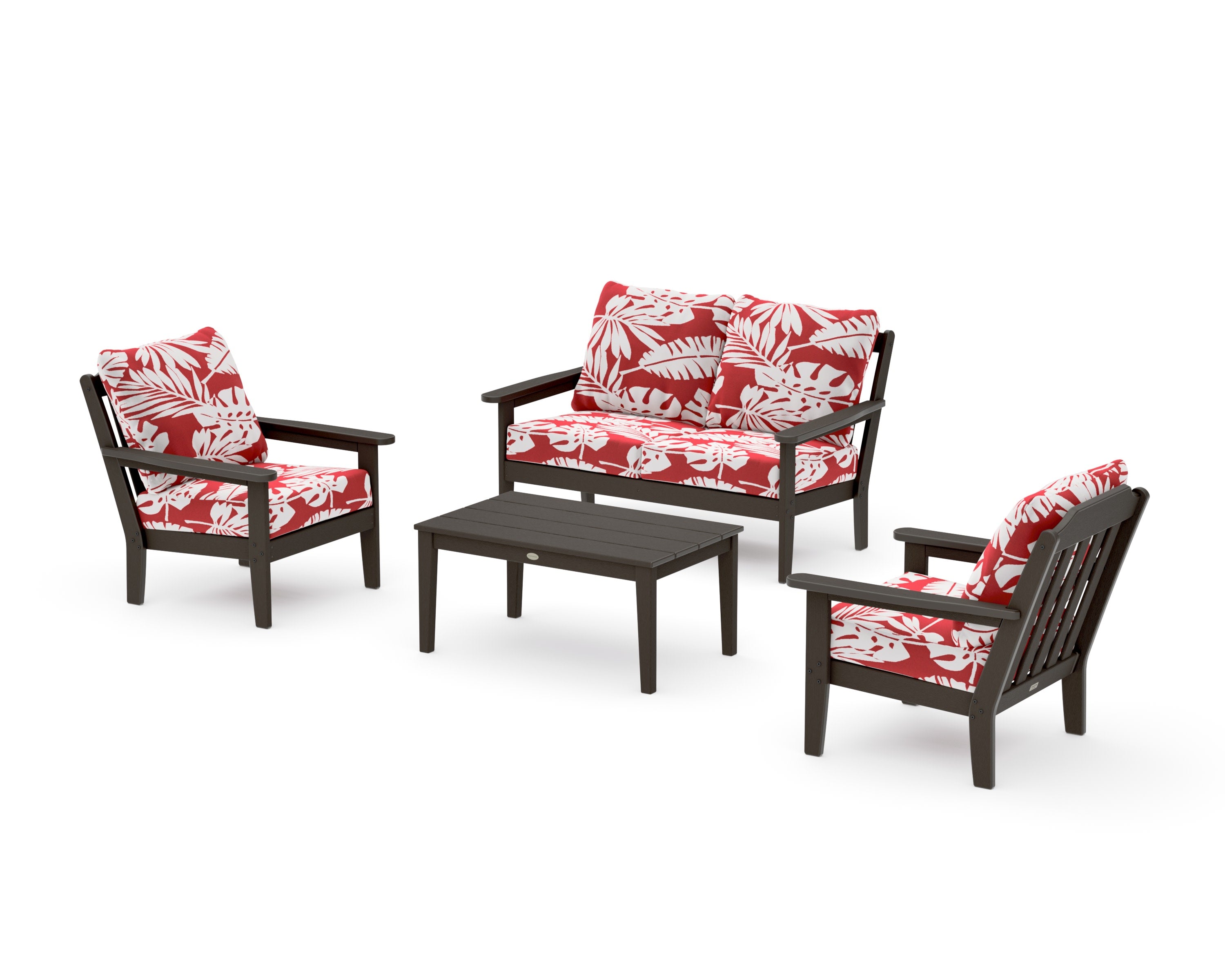 Cottage 4-Piece Deep Seating Set with Loveseat in Vintage Coffee / Leaf Crimson