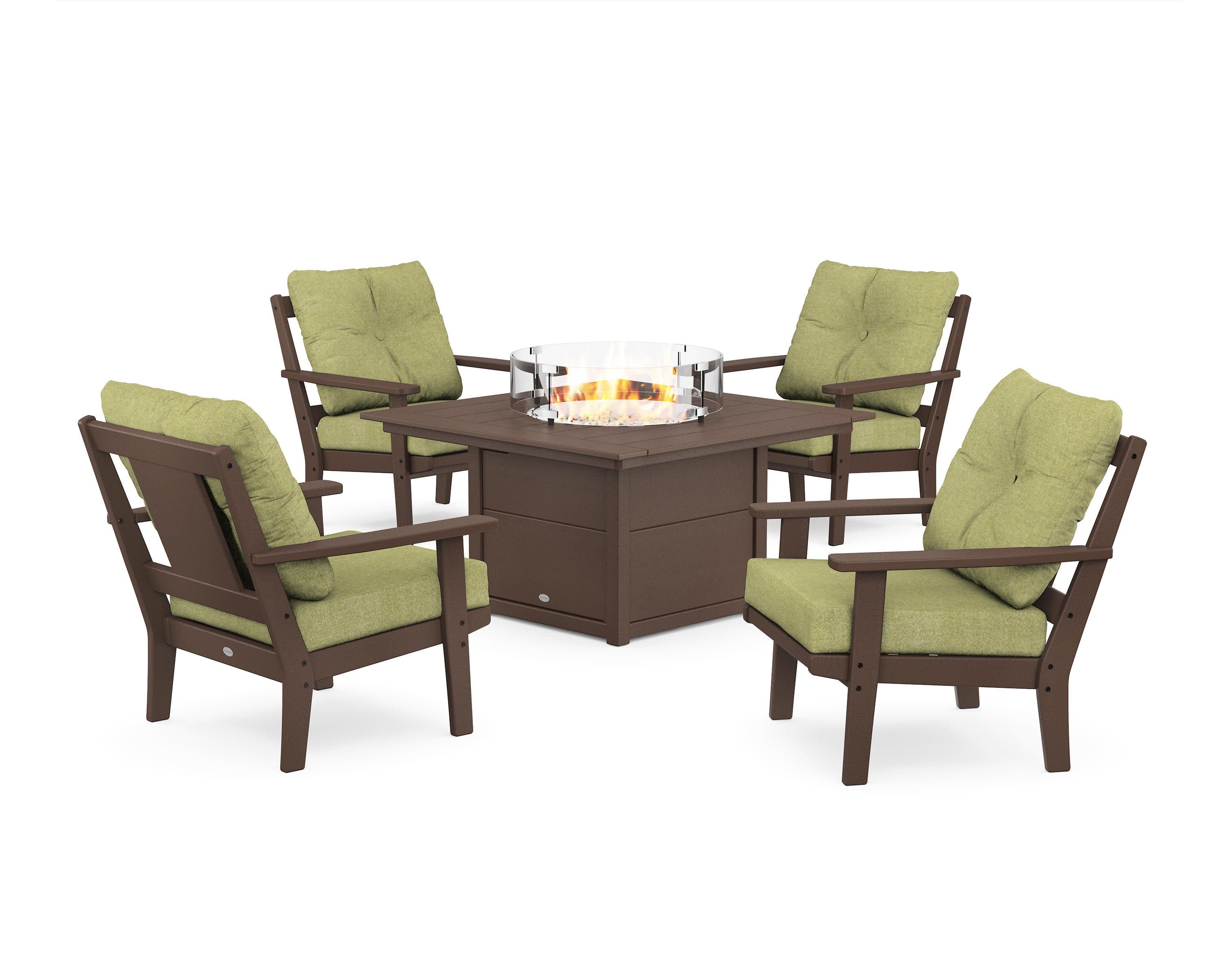 Prairie 5-Piece Deep Seating Set with Fire Pit Table in Mahogany / Chartreuse Boucle