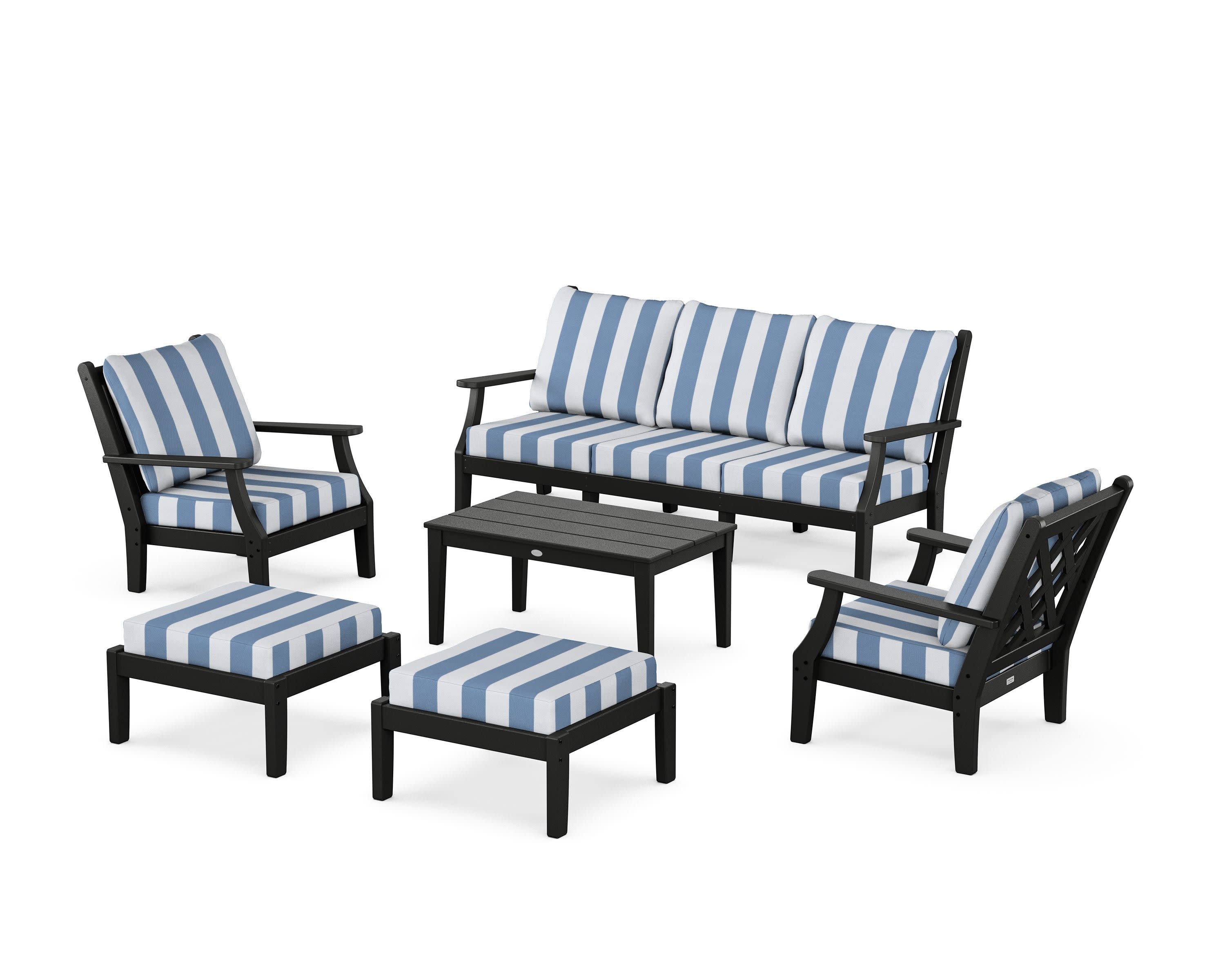 Wovendale 6-Piece Lounge Sofa Set in Black / Cabana Stripe Sky Blue