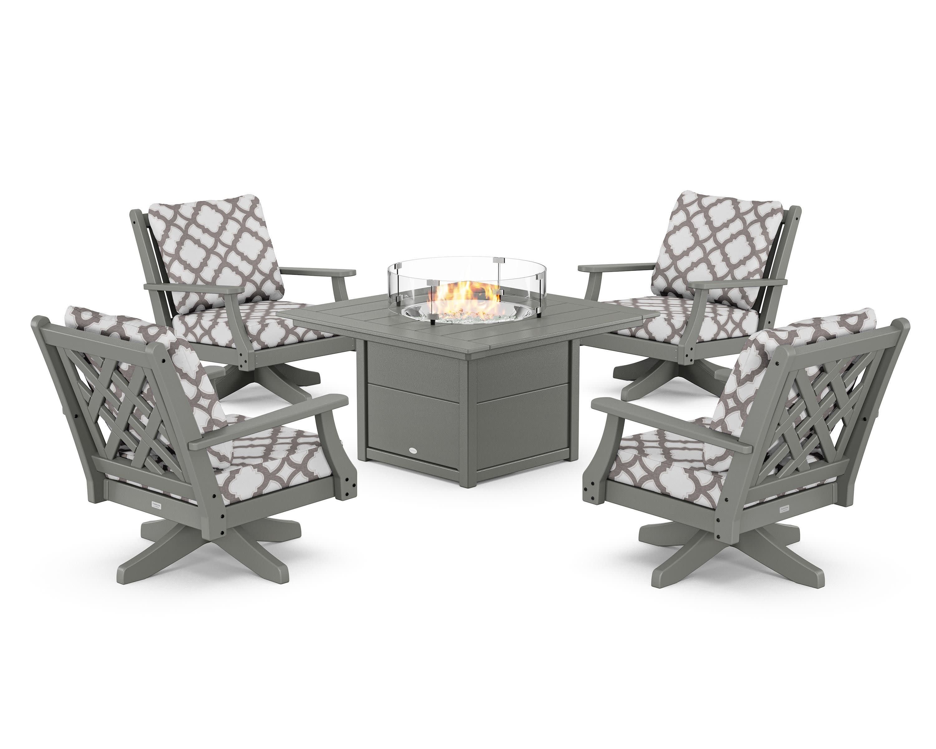 Wovendale 5-Piece Deep Seating Swivel Conversation Set with Fire Pit Table in Slate Grey / Trellis Grey Mist