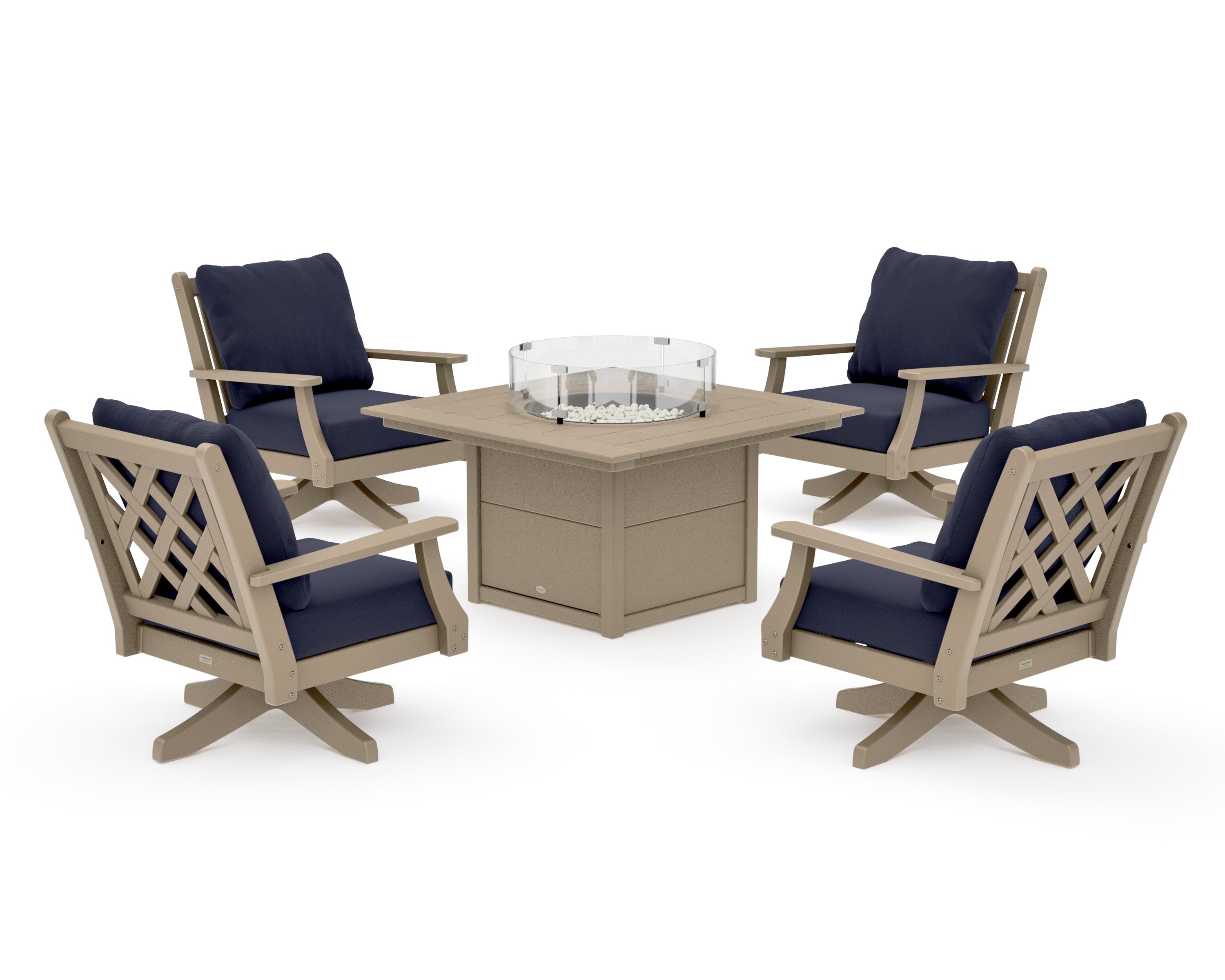 Wovendale 5-Piece Deep Seating Swivel Conversation Set with Fire Pit Table in Vintage Sahara / Navy Linen