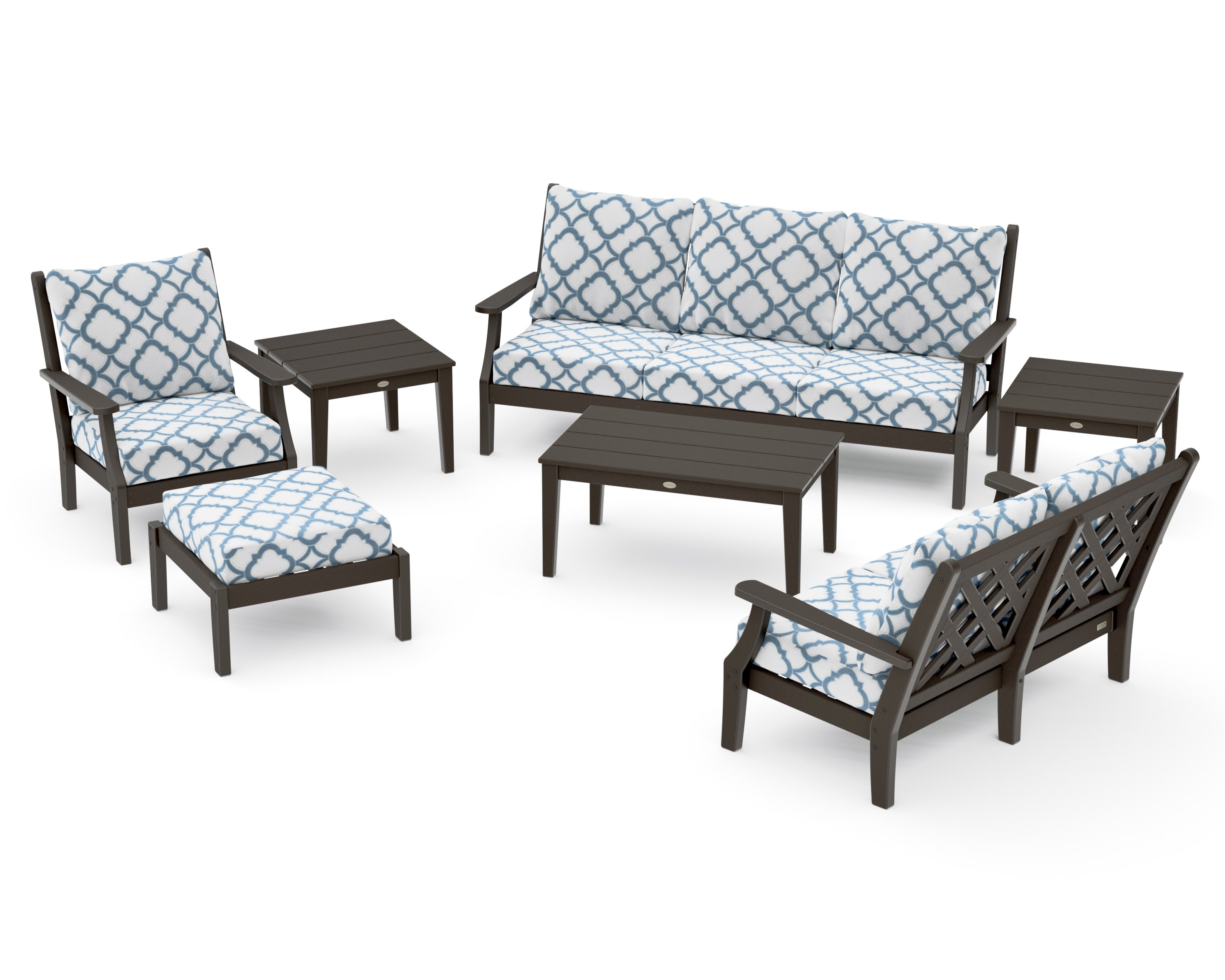 Wovendale 7-Piece Deep Seating Set in Vintage Coffee / Trellis Sky Blue