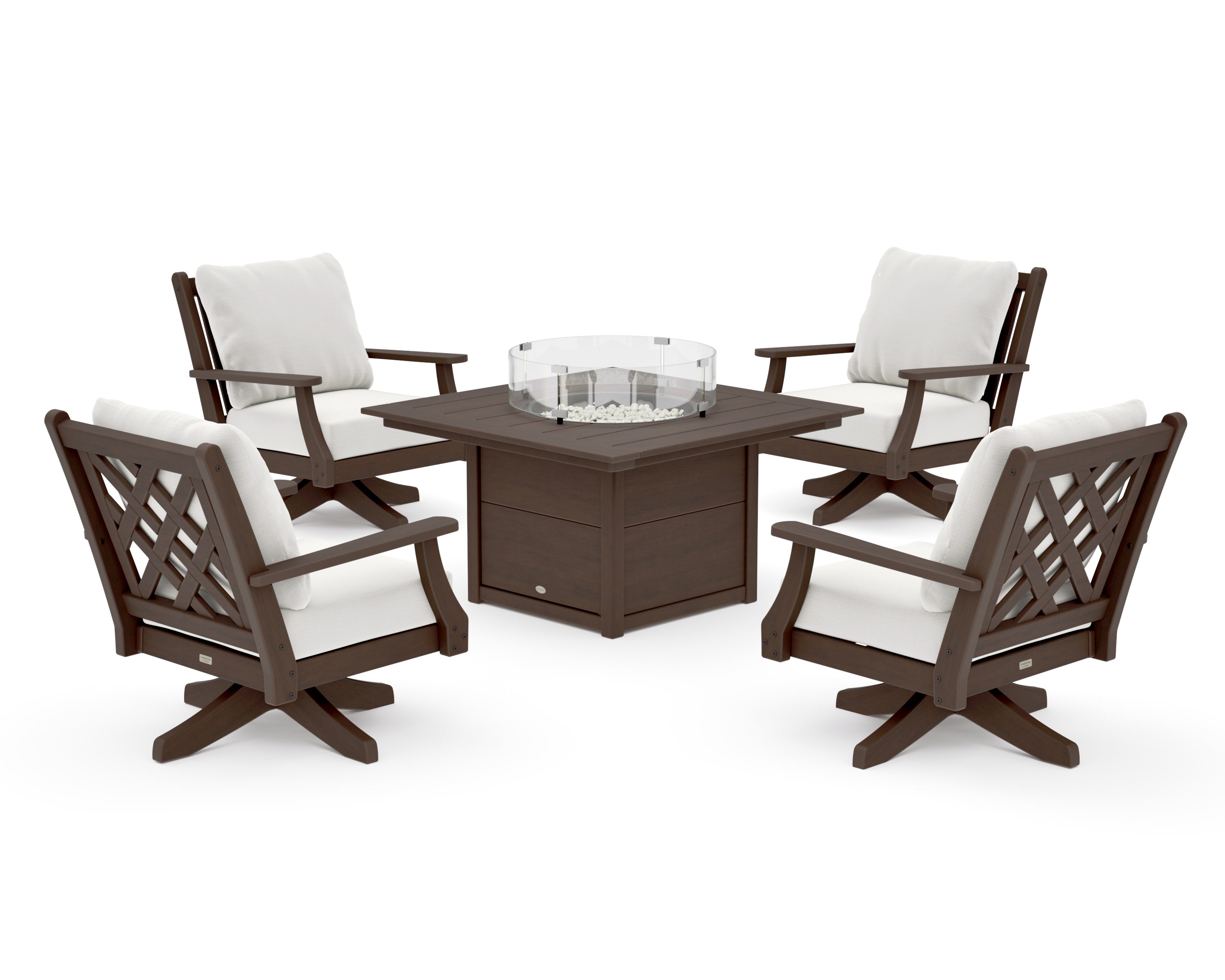 Wovendale 5-Piece Deep Seating Swivel Conversation Set with Fire Pit Table in Kona / Natural Linen