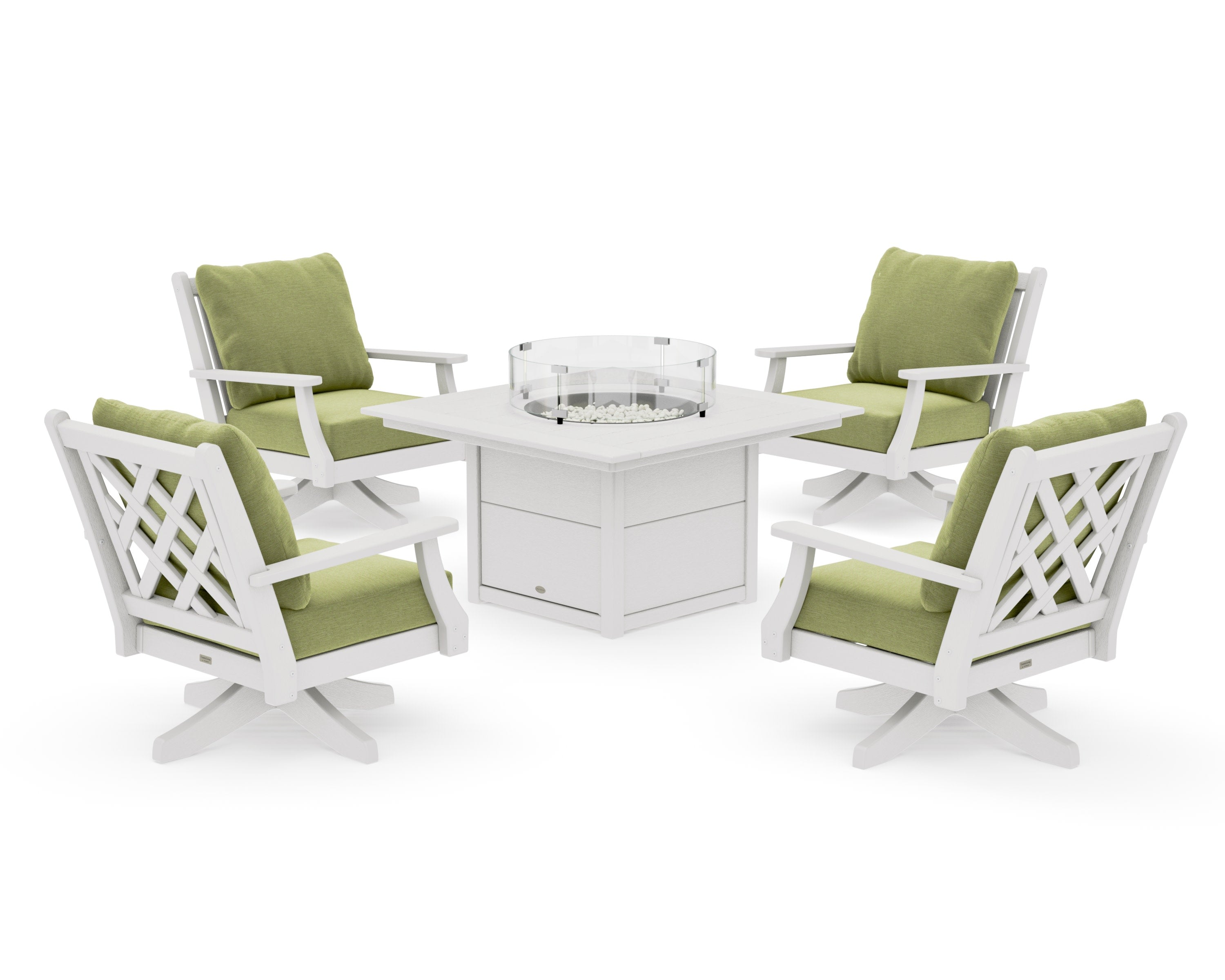Wovendale 5-Piece Deep Seating Swivel Conversation Set with Fire Pit Table in Vintage White / Chartreuse Boucle
