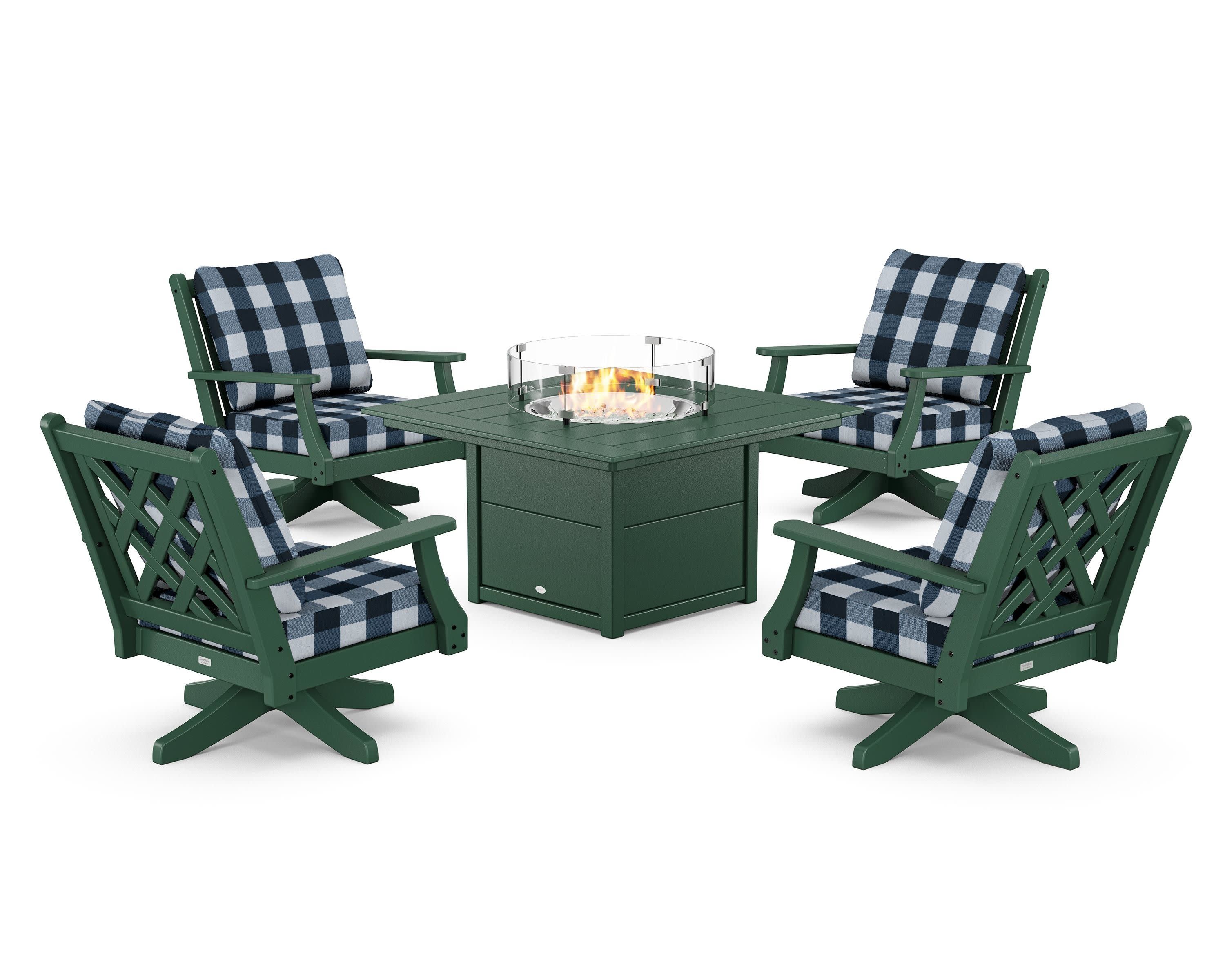 Wovendale 5-Piece Deep Seating Swivel Conversation Set with Fire Pit Table in Green / Buffalo Plaid Marine Indigo