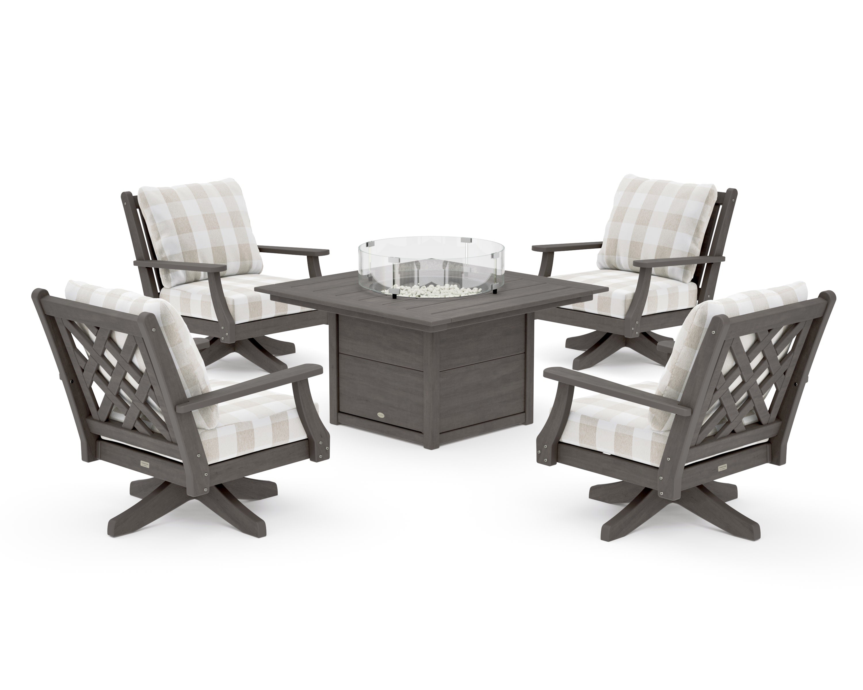 Wovendale 5-Piece Deep Seating Swivel Conversation Set with Fire Pit Table in Driftwood / Buffalo Plaid Dune Burlap