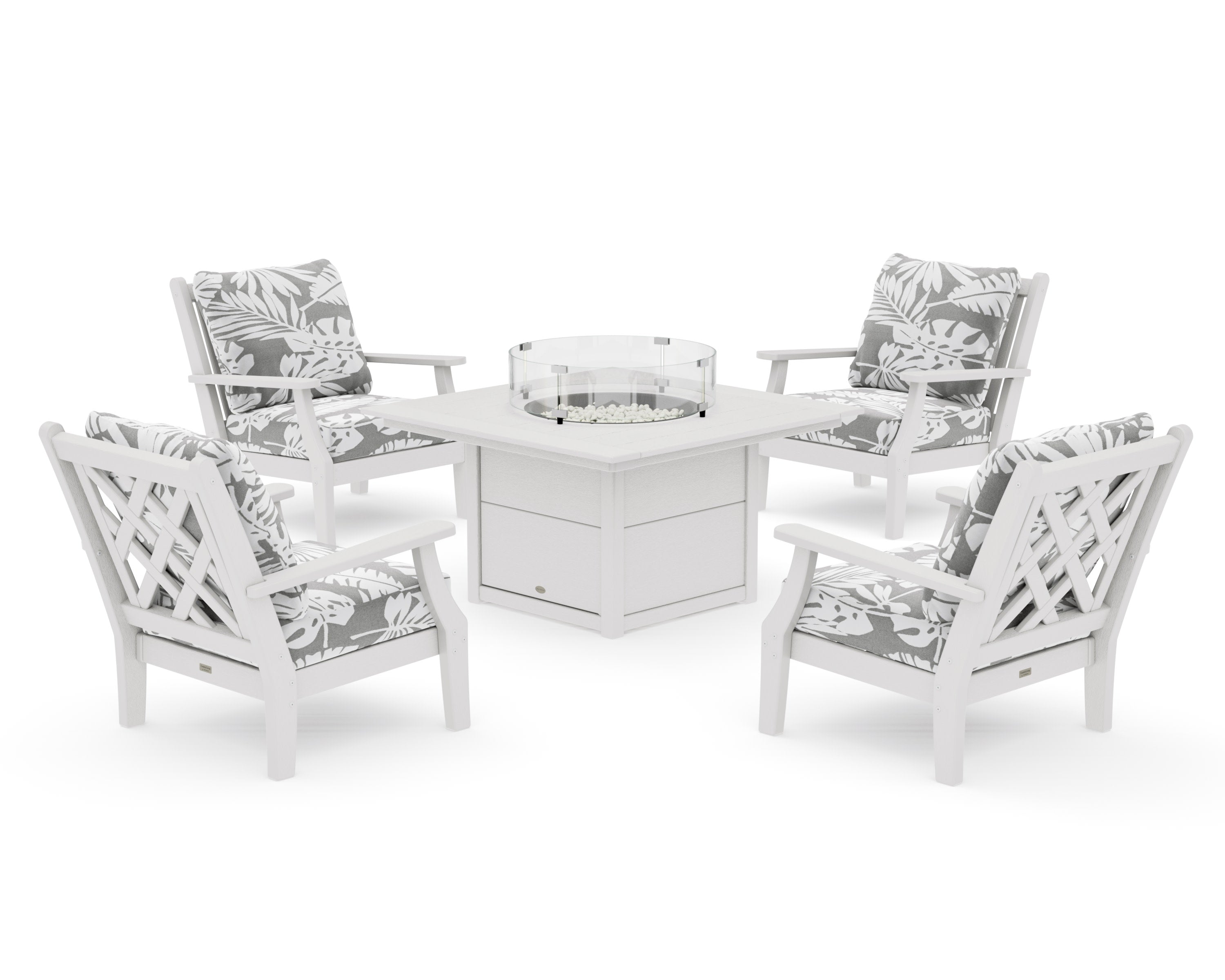Wovendale 5-Piece Deep Seating Set with Fire Pit Table in Vintage White / Leaf Grey Mist