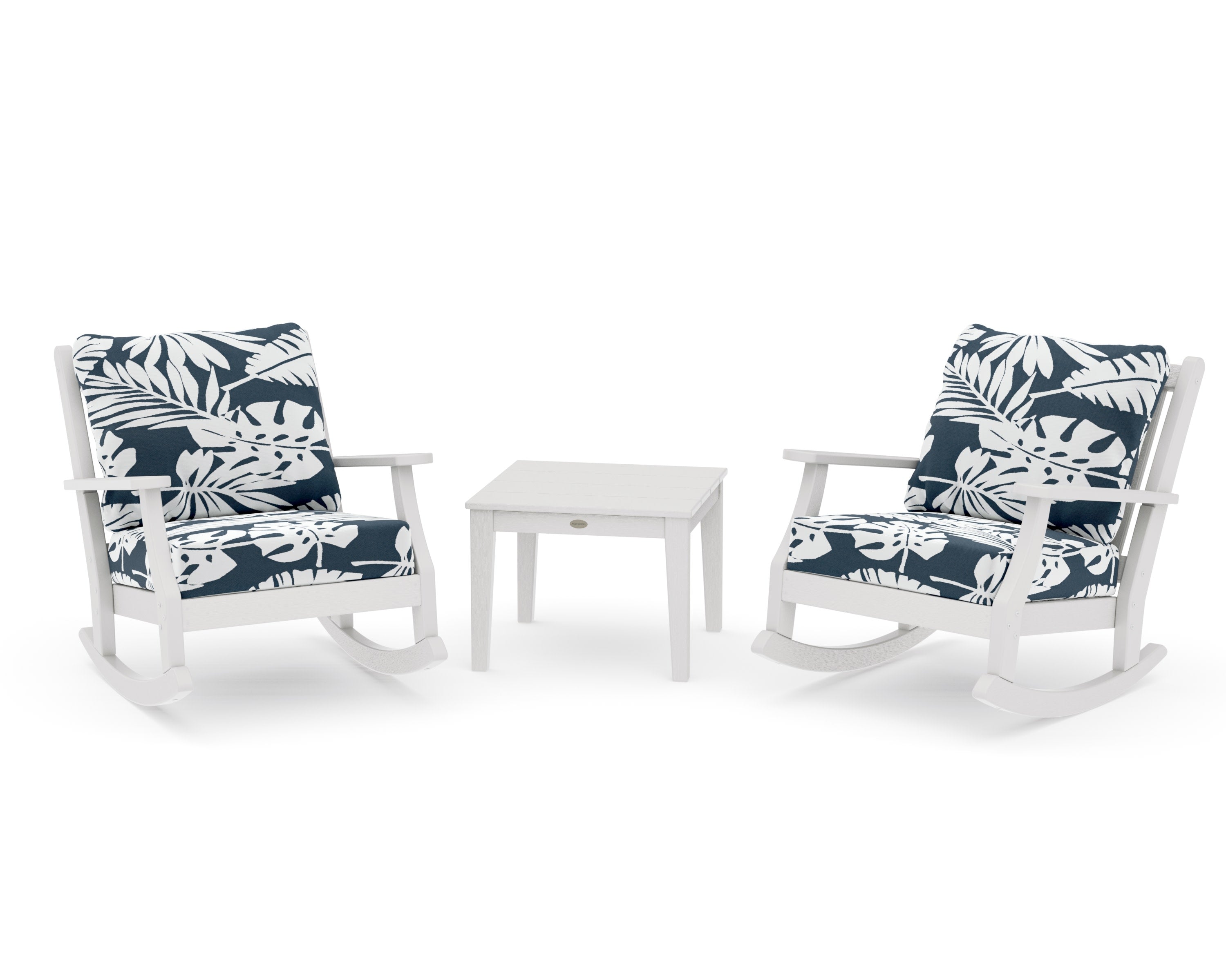 Wovendale 3-Piece Deep Seating Rocker Set in Vintage White / Leaf Marine Indigo