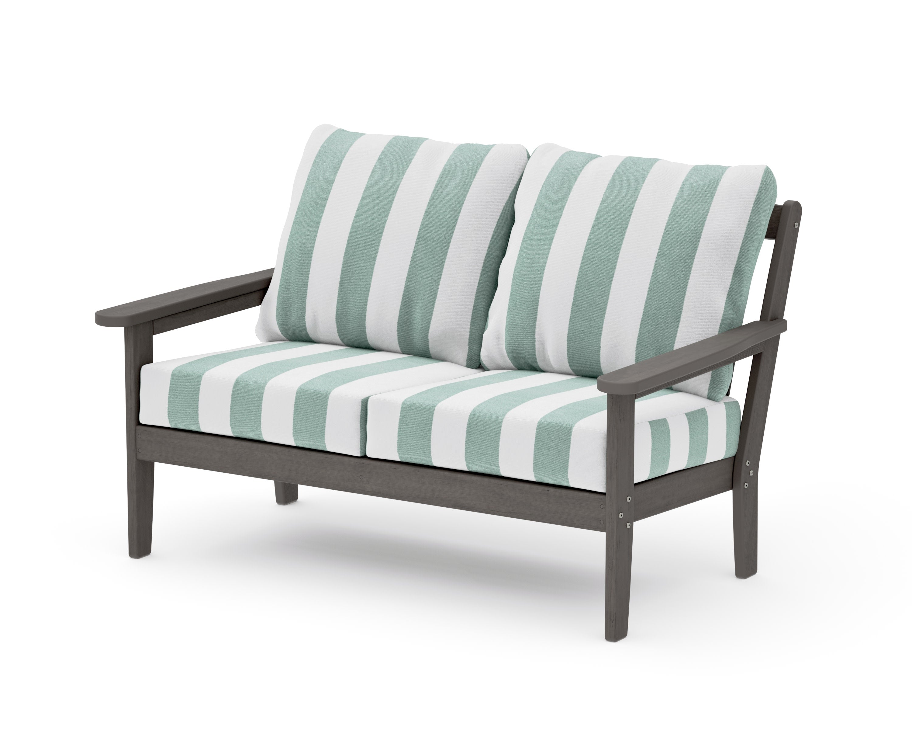 Cottage Deep Seating Loveseat in Driftwood / Cabana Stripe Glacier Spa