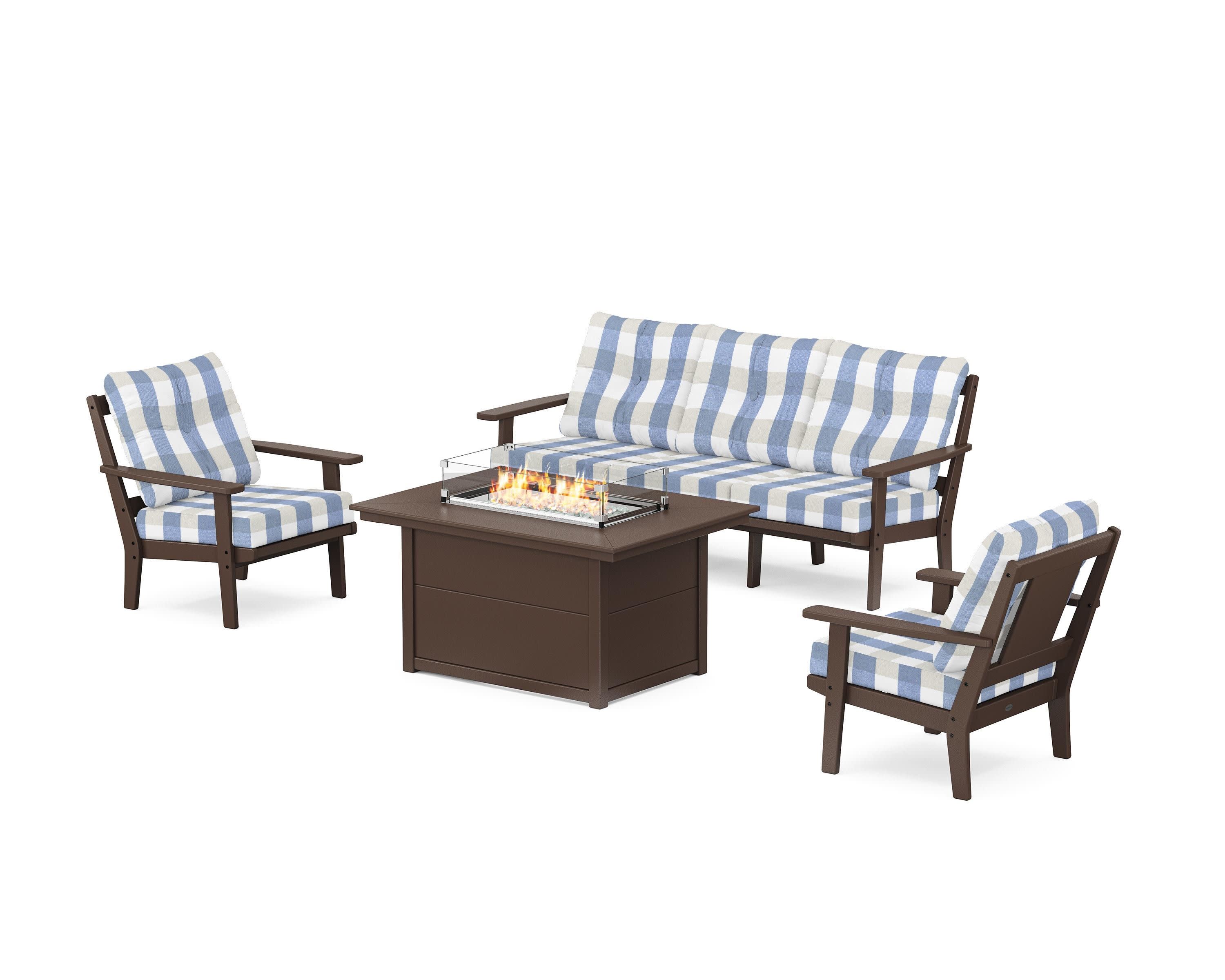Prairie Deep Seating Fire Pit Table Set in Mahogany / Buffalo Plaid Sky Blue