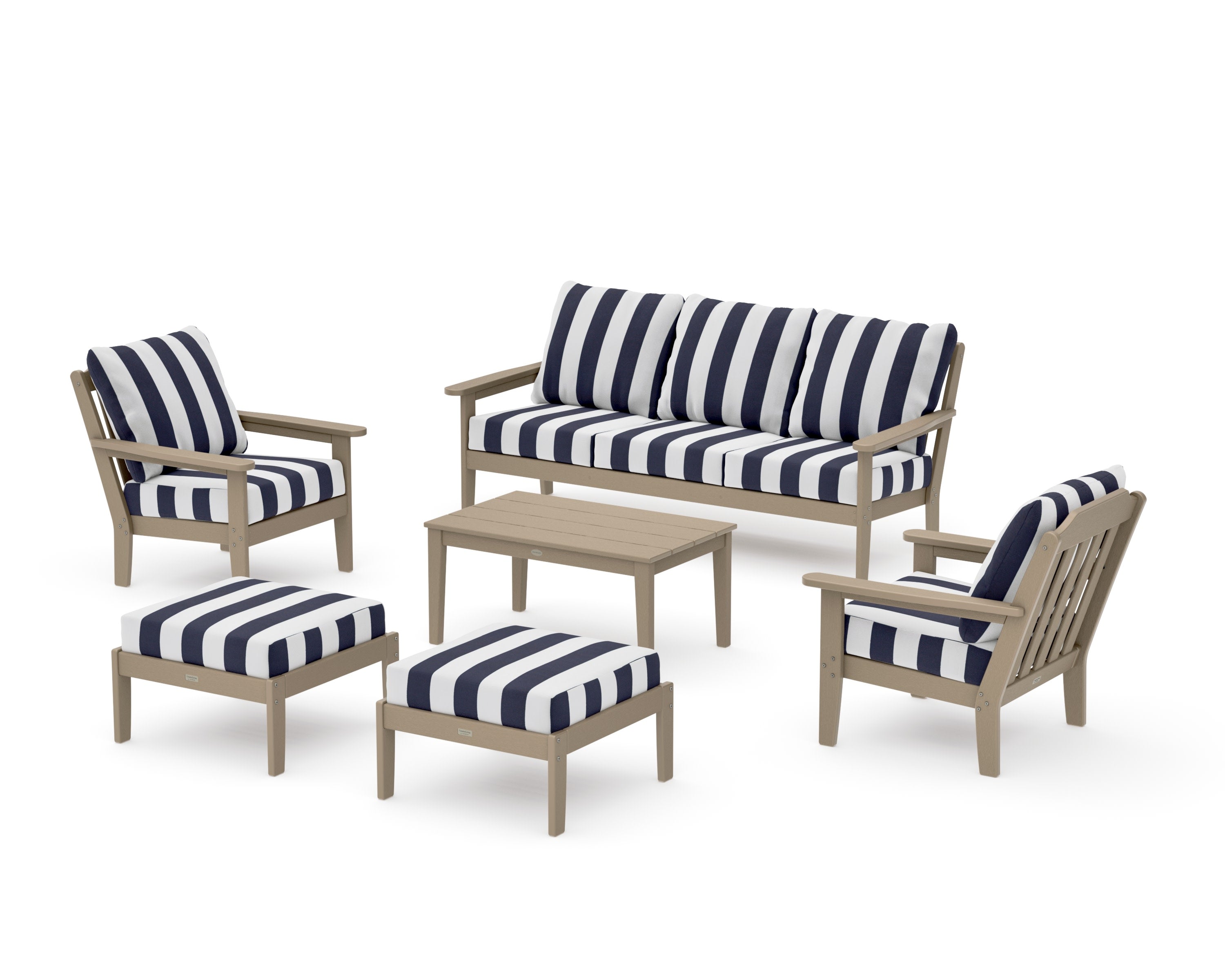 Cottage 6-Piece Lounge Sofa Set in Vintage Sahara / Cabana Stripe Navy