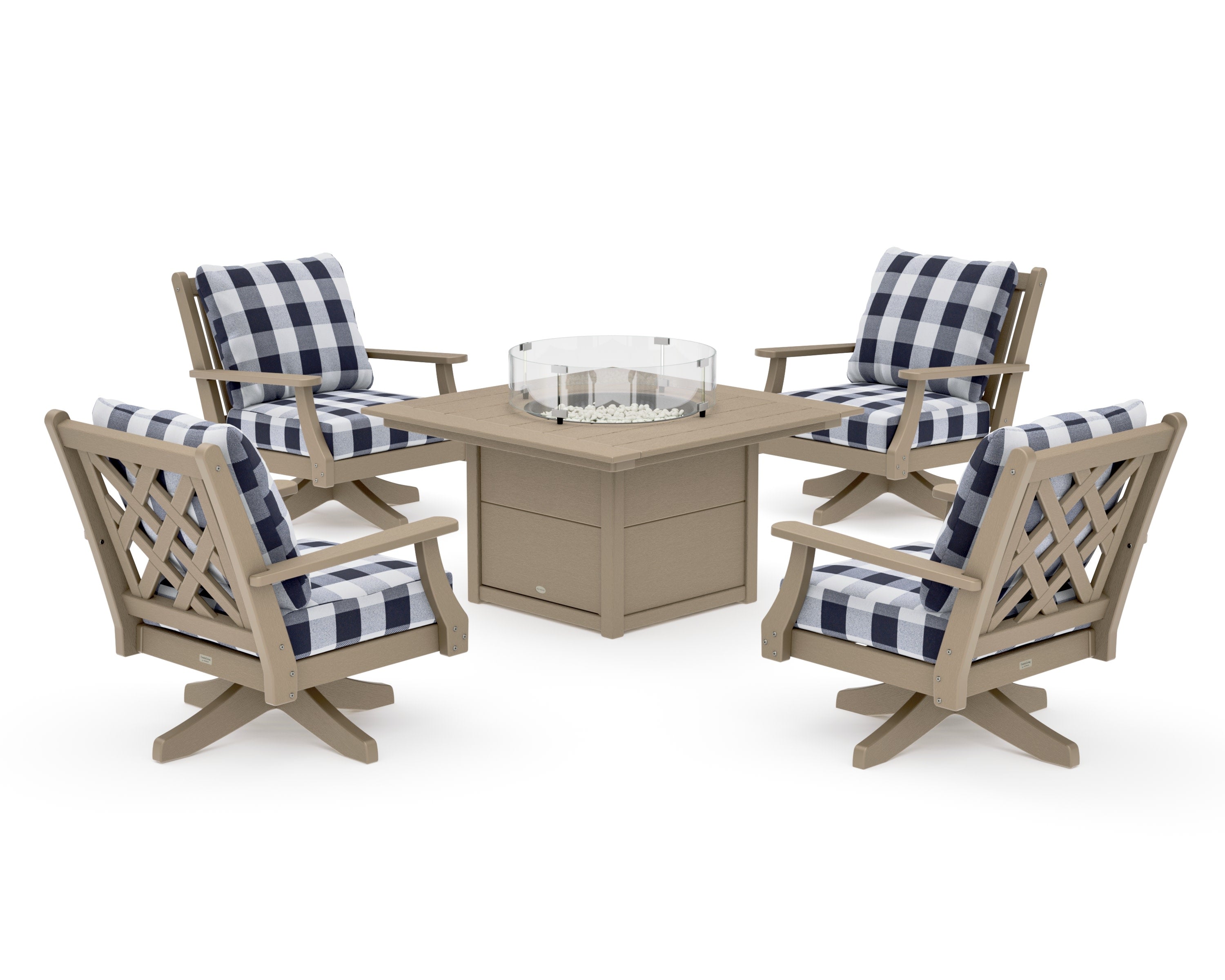 Wovendale 5-Piece Deep Seating Swivel Conversation Set with Fire Pit Table in Vintage Sahara / Buffalo Plaid Navy