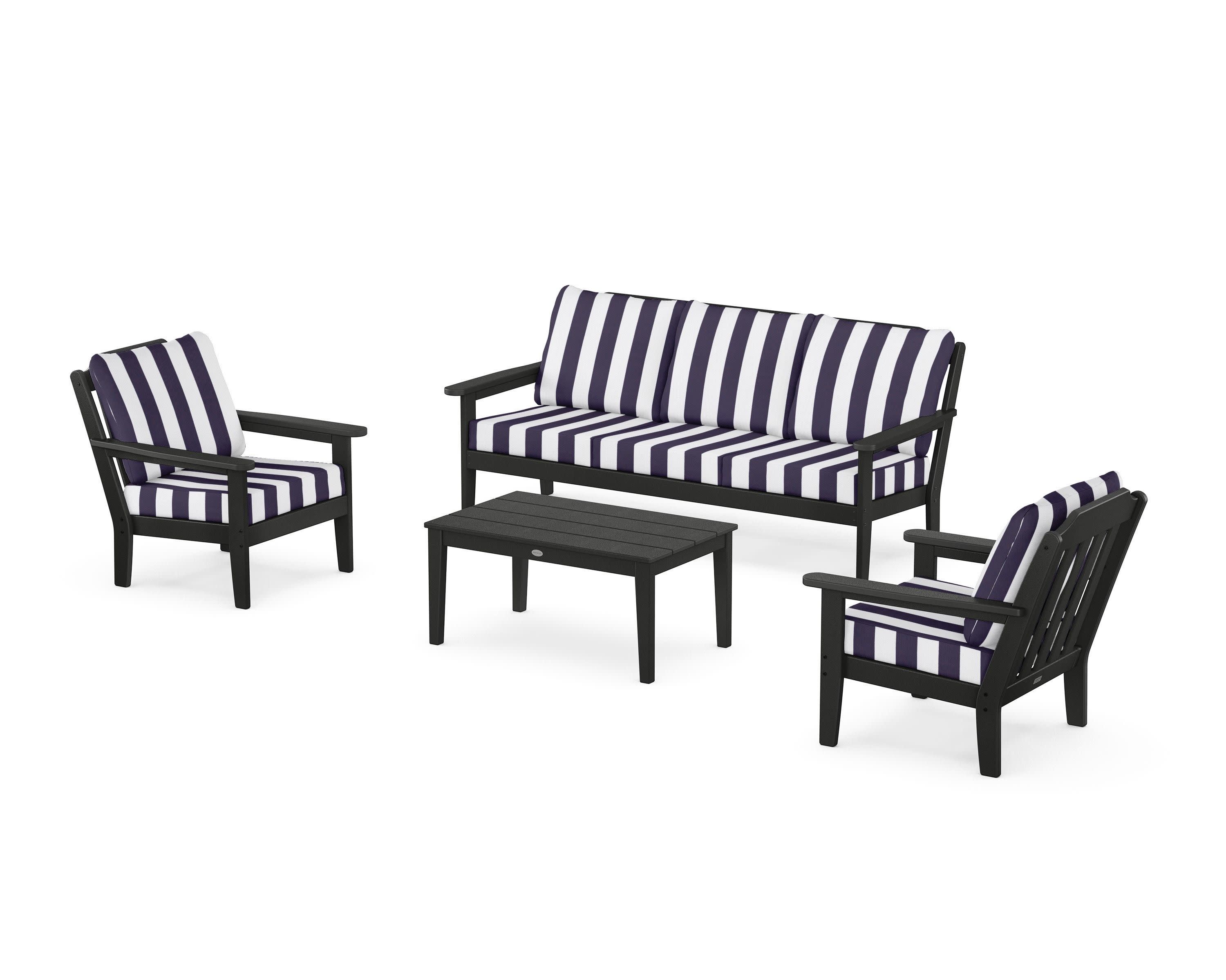Cottage 4-Piece Deep Seating Set with Sofa in Black / Cabana Stripe Navy