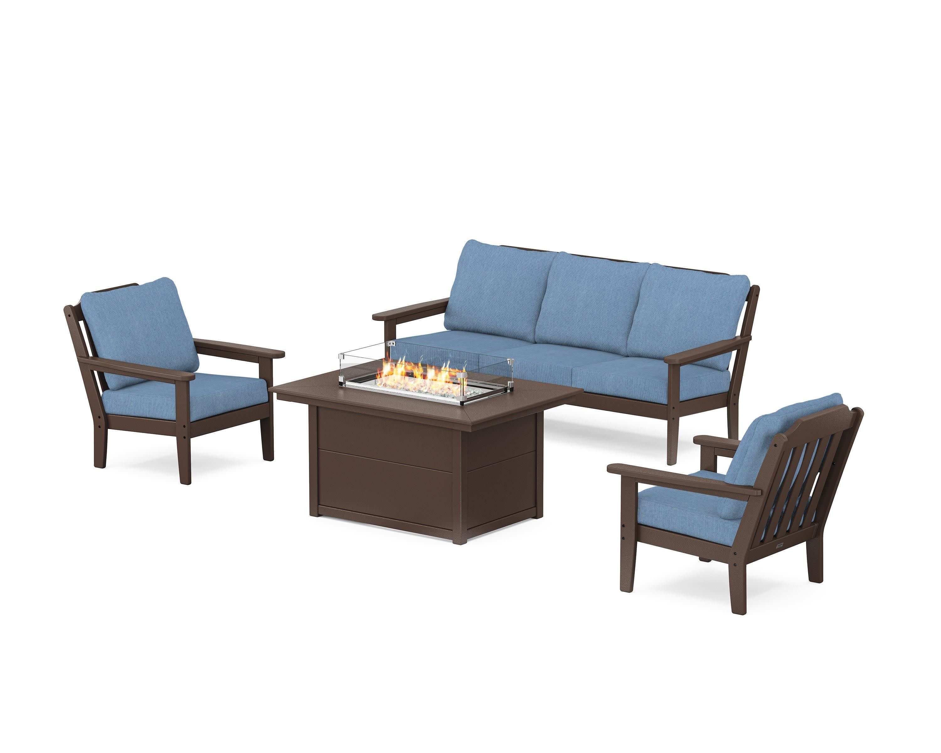 Cottage Deep Seating Fire Pit Table Set in Mahogany / Sky Blue