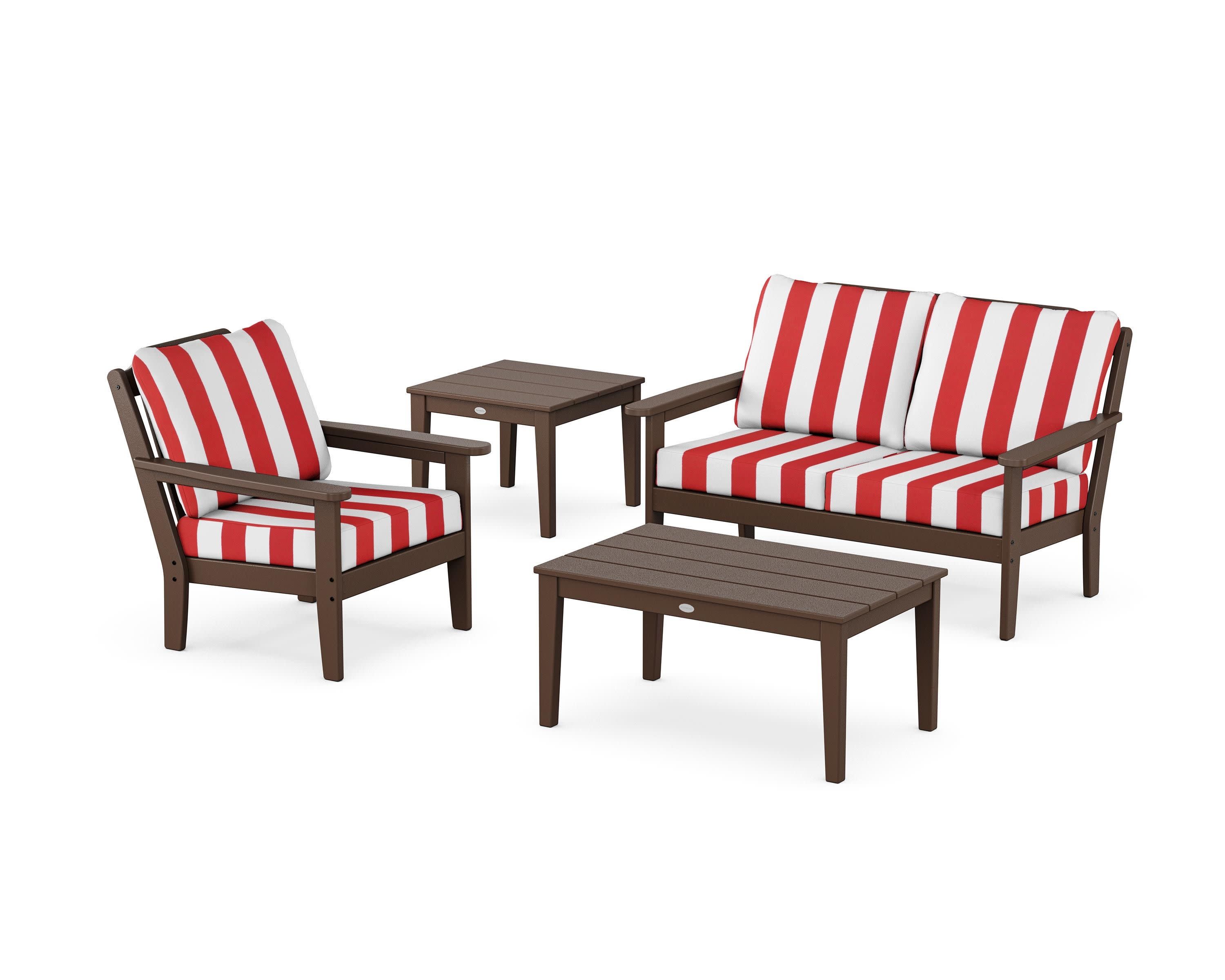 Wovendale 4-Piece Deep Seating Set in Mahogany / Cabana Stripe Crimson
