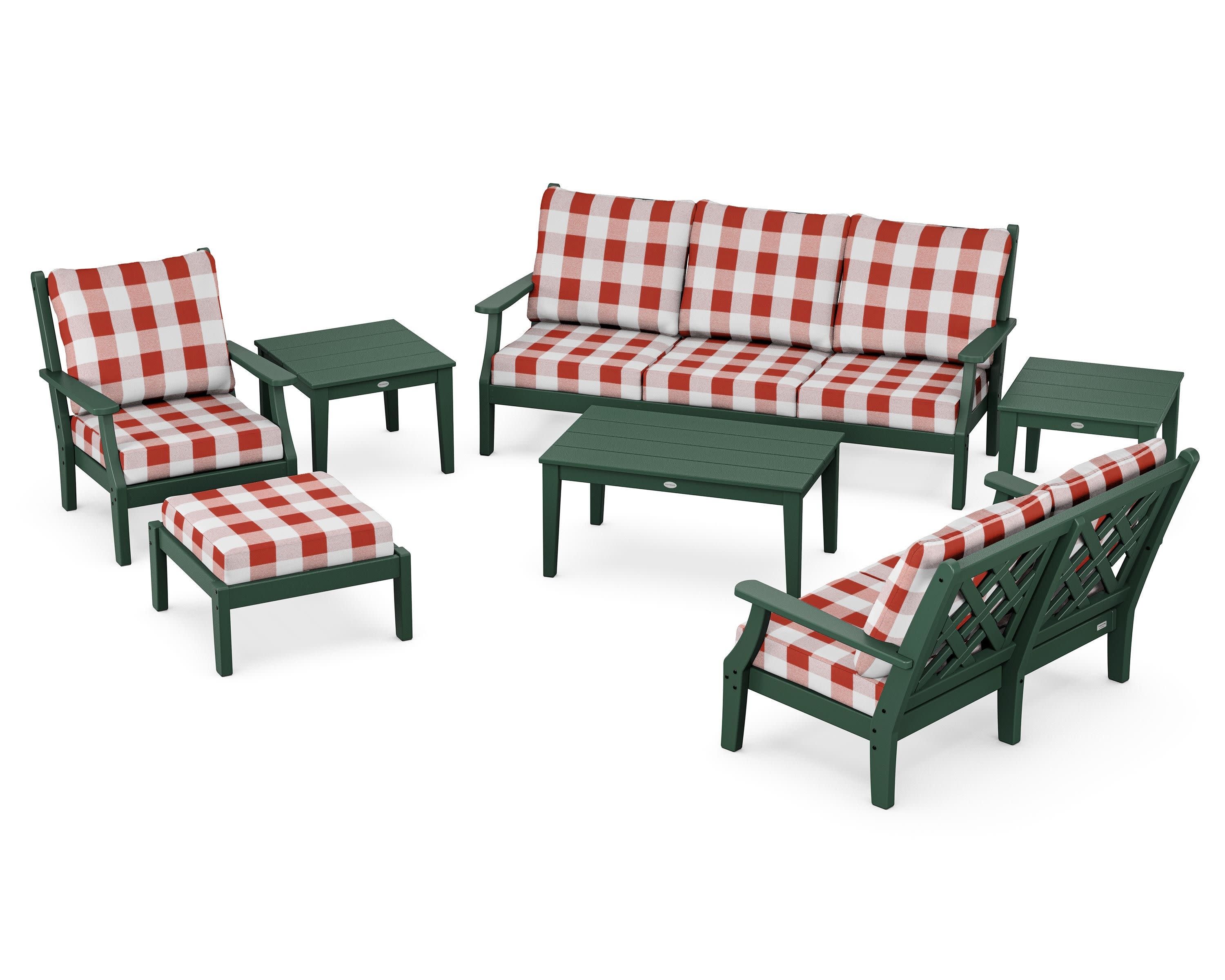 Wovendale 7-Piece Deep Seating Set in Green / Buffalo Plaid Crimson