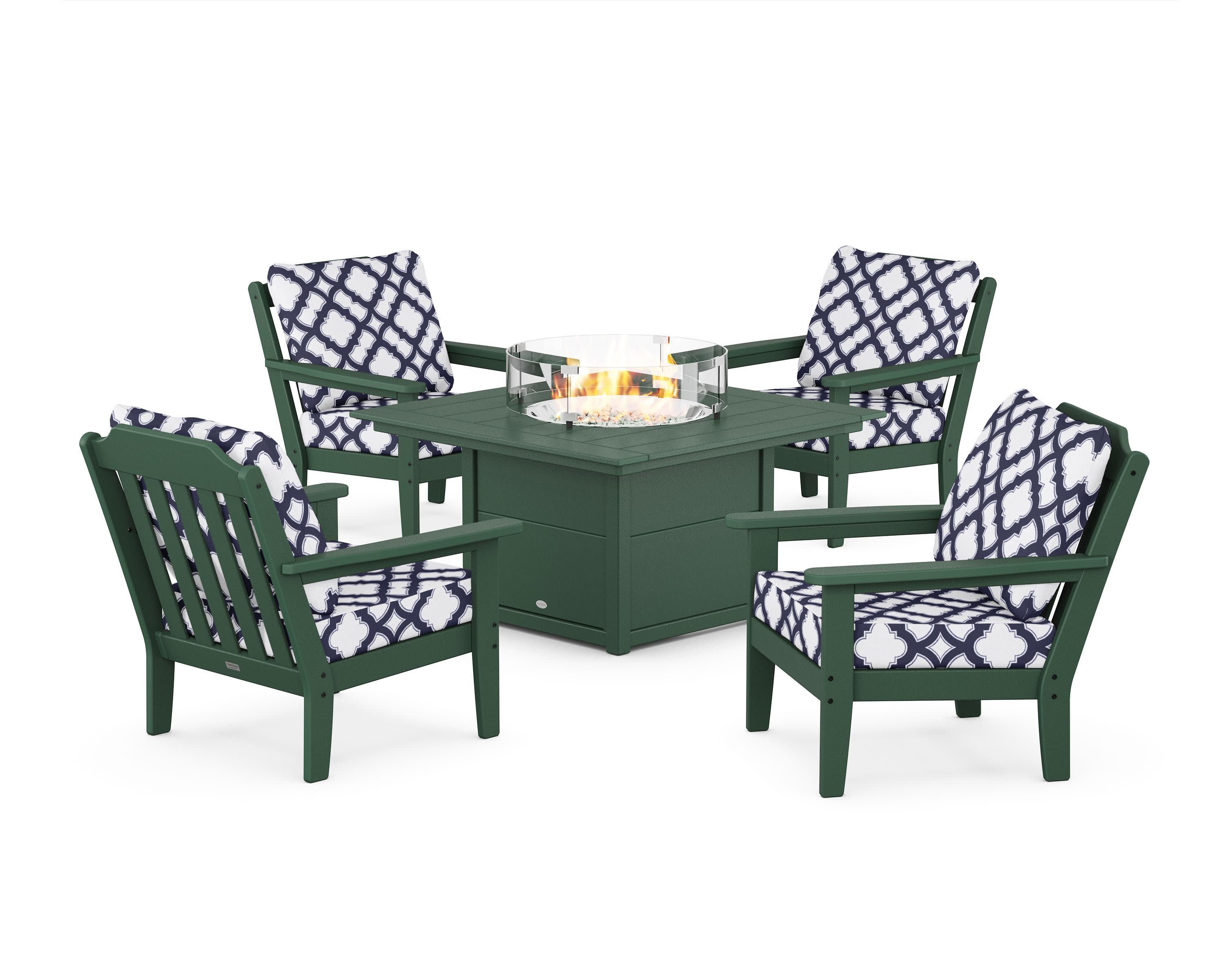 Cottage 5-Piece Deep Seating Set with Fire Pit Table in Green / Trellis Navy